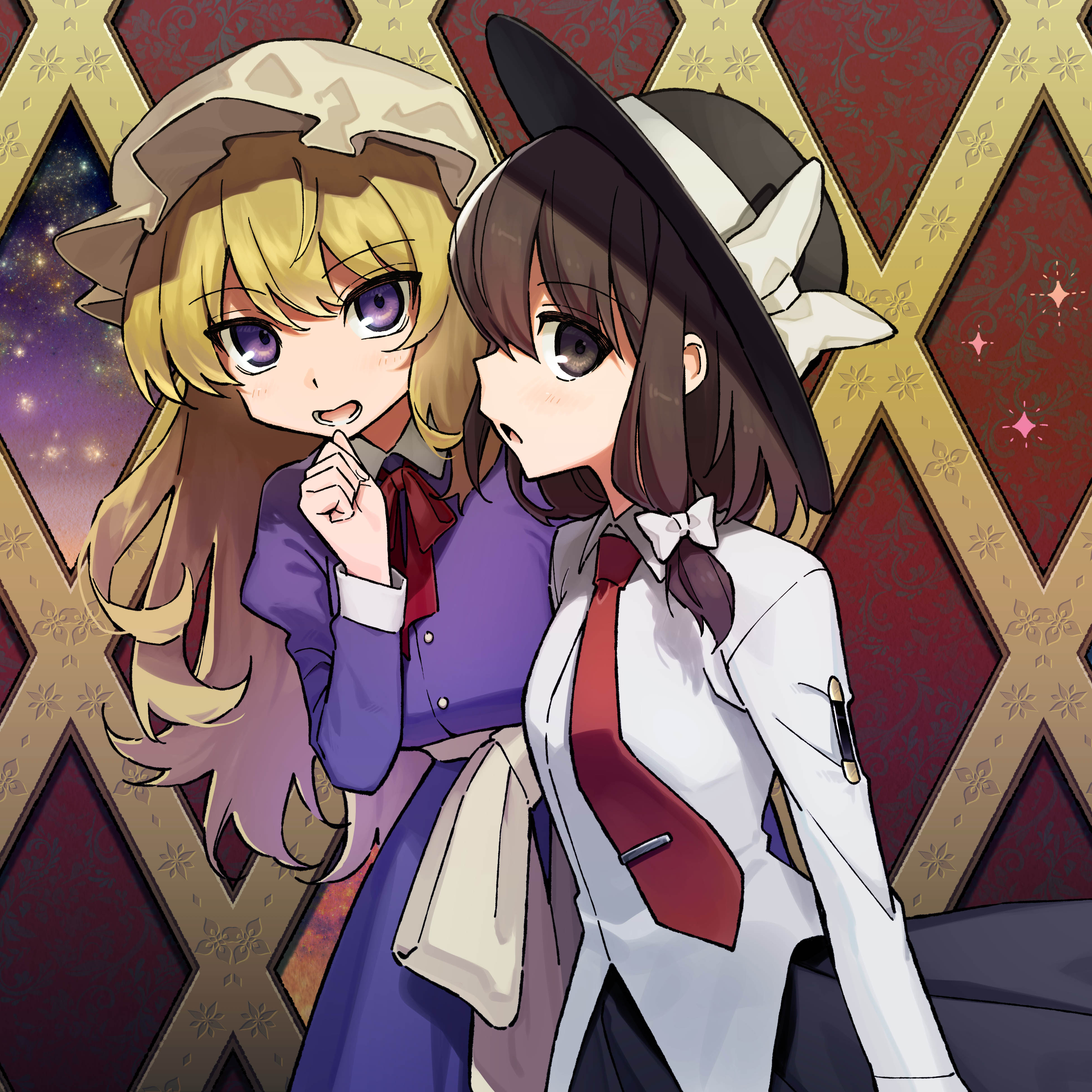 futoumeido, maribel hearn, usami renko, touhou, absurdres, commentary request, highres, 2girls, black skirt, blonde hair, brown eyes, brown hair, collared dress, collared shirt, dress, expressionless, from side, hair between eyes, hand on own chin, hat, long hair, long sleeves, looking at viewer, medium hair, mob cap, multiple girls, neckerchief, necktie, parted lips, purple dress, purple eyes, red neckerchief, red necktie, shirt, skirt, smile, white shirt