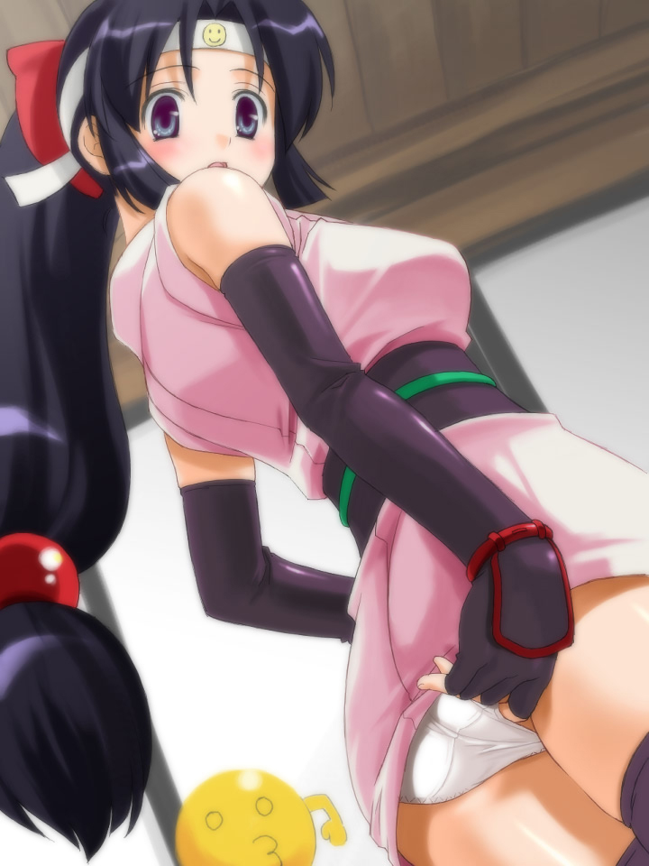 umekichi, onsokumaru, shinobu (ninin ga shinobuden), ninin ga shinobuden, bad id, bad pixiv id, 00s, 1girl, adjusting clothes, adjusting panties, ass, black hair, blue eyes, blunt bangs, blush, bow, clothes lift, elbow gloves, embarrassed, female focus, fingerless gloves, fishnets, gloves, hair bow, hair ornament, headband, japanese clothes, kimono, long hair, looking back, low-tied long hair, miniskirt, ninja, o3o, obi, panties, pantyshot, purple thighhighs, sash, short kimono, skirt, skirt lift, sleeveless, smiley face, solo, sphere hair ornament, standing, thighhighs, underwear, upskirt, very long hair, white panties