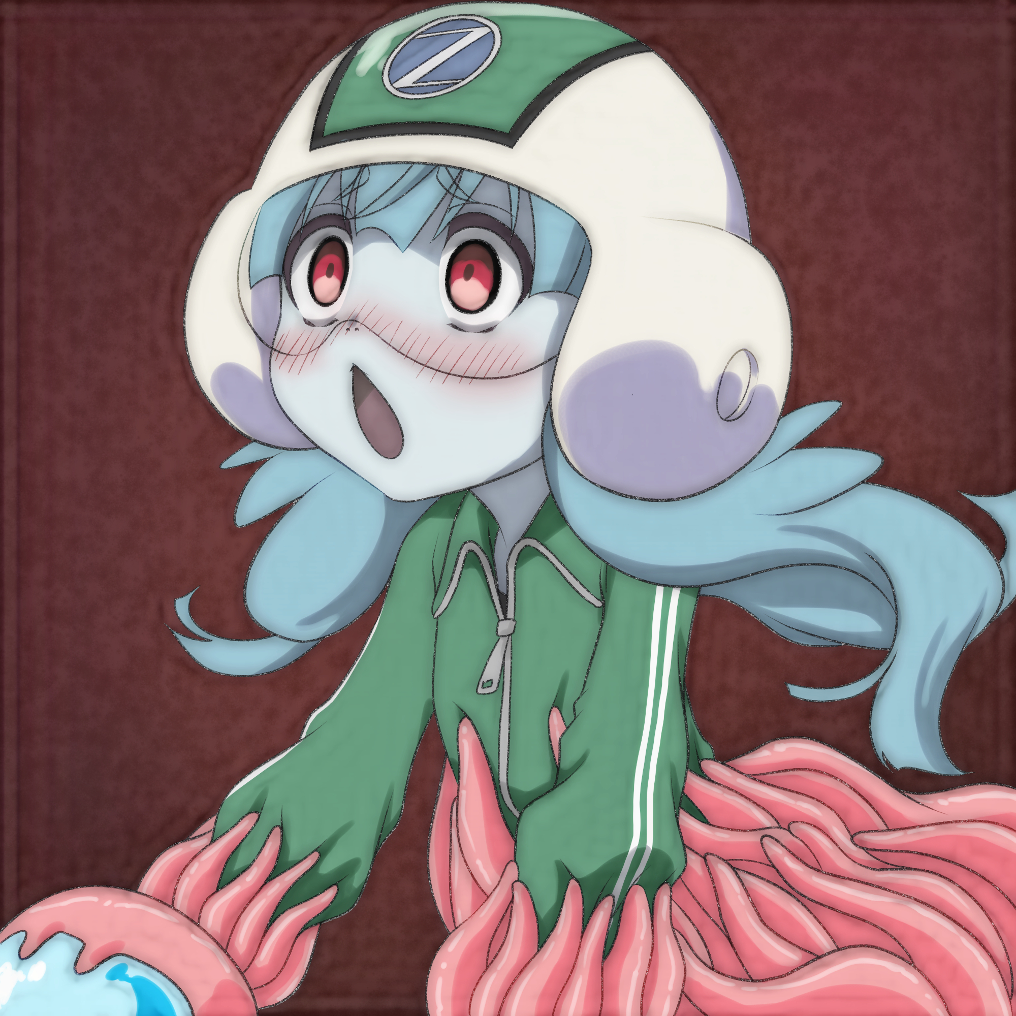t jiroo (ringofriend), hoshikawa lily, zombie land saga, highres, 1girl, arm cannon, blue hair, blush, colored skin, green helmet, green jacket, grey skin, helmet, jacket, long hair, long sleeves, open mouth, red eyes, superhero costume, surprised, tentacles, track jacket, track suit, upper body, weapon, zombie