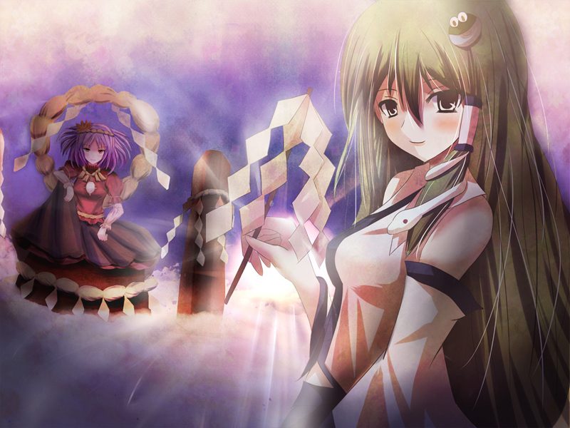 non (nobu), kochiya sanae, yasaka kanako, touhou, 2girls, blush, female focus, gohei, green hair, hair ornament, multiple girls, purple hair, snake, yellow eyes