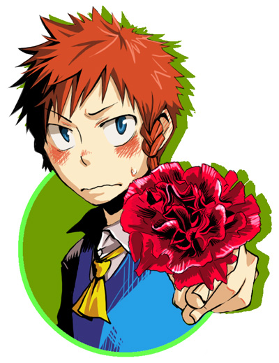 kyouno, hong meiling, izayoi sakuya, touhou, 1boy, ascot, blue eyes, blue vest, blush, braid, brown hair, carnation, closed mouth, flower, giving, holding, holding flower, if they mated, looking at viewer, male focus, mother's day, red carnation, red flower, red hair, shirt, single braid, solo, spiked hair, sweatdrop, upper body, vest, wavy mouth, white shirt
