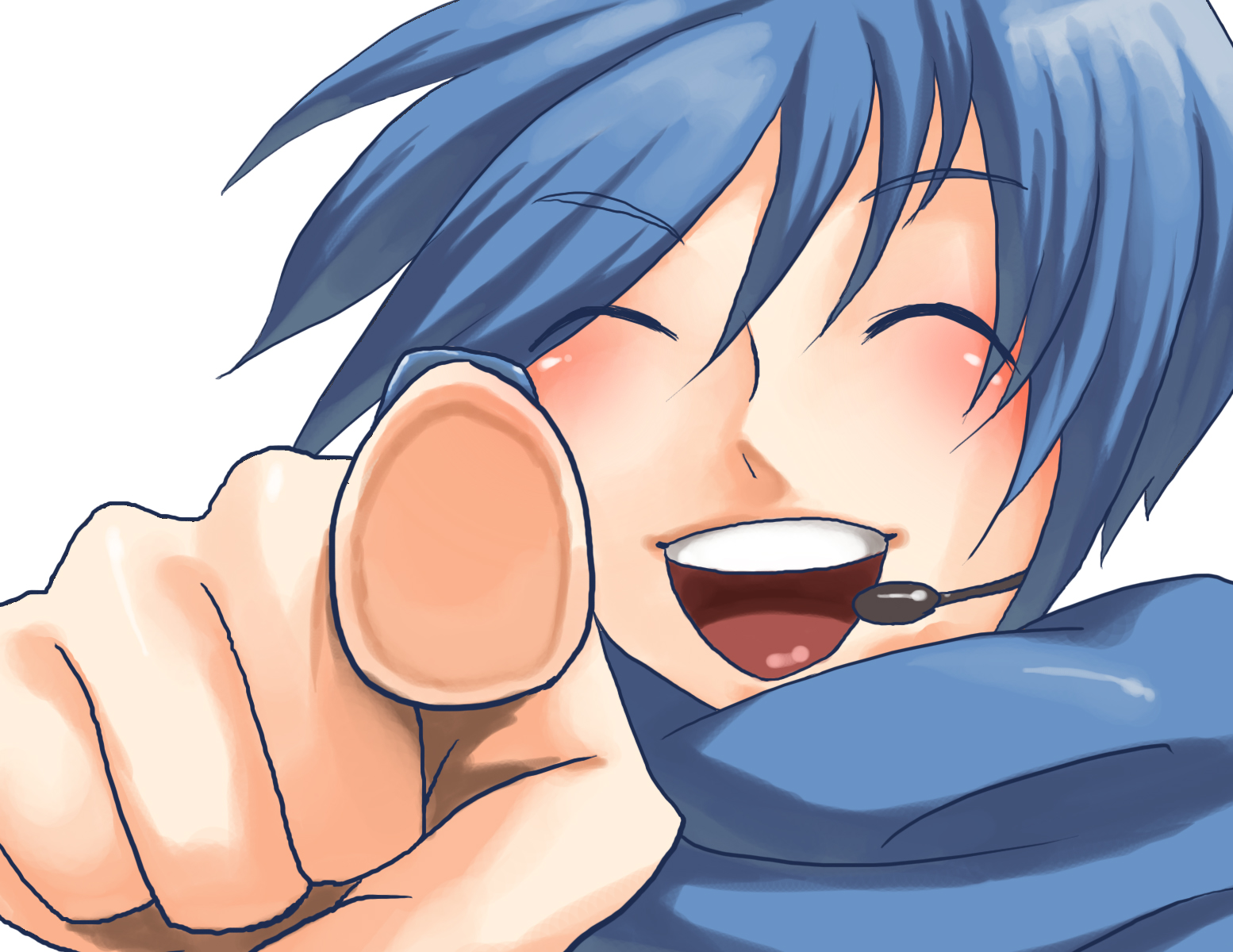 luc (pixiv163815), kaito (vocaloid), vocaloid, bad id, bad pixiv id, highres, 1boy, blue hair, blue scarf, foreshortening, male focus, pointing, pointing at viewer, scarf, simple background, smile, solo