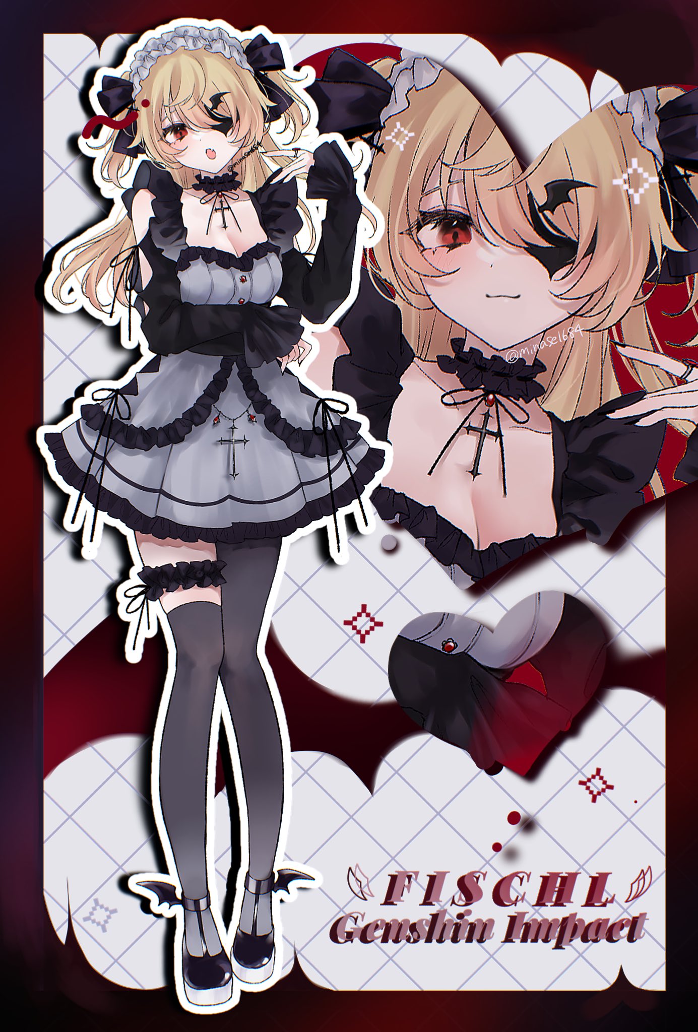 maguro (minase1684), fischl (genshin impact), genshin impact, highres, 1girl, alternate costume, asymmetrical legwear, black pantyhose, black shoes, black thighhighs, blonde hair, breasts, character name, cleavage, closed mouth, dress, eyepatch, fang, full body, hand up, long hair, long sleeves, looking at viewer, pantyhose, parted lips, red eyes, shoes, smile, thighhighs, two side up, uneven legwear