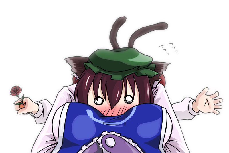 kusaba, kusaba (kusabashiki), chen, yakumo ran, touhou, 2girls, animal ears, blush, breast press, breast smother, breasts, brown hair, carnation, cat ears, cat girl, cat tail, face to breasts, female focus, female pov, flower, hat, hug, mother's day, multiple girls, multiple tails, o o, pov, pov breasts, red carnation, red flower, short hair, solo focus, tail