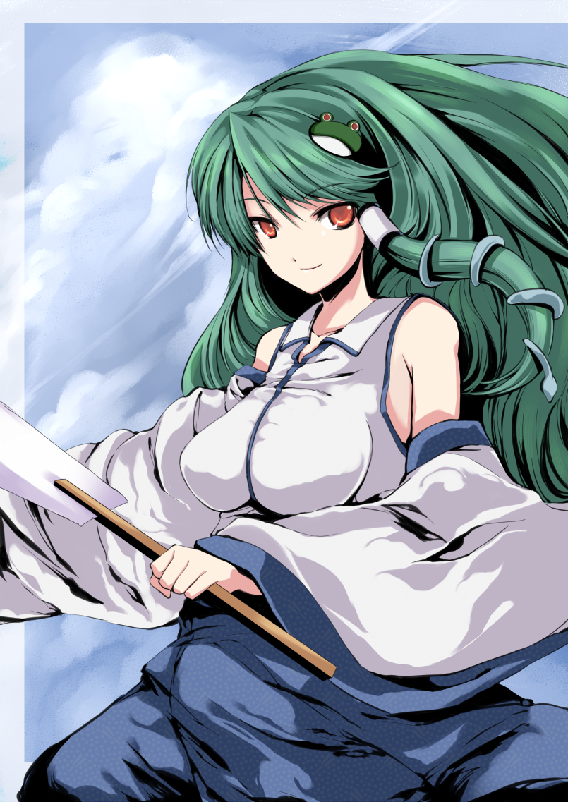 atoshi, kochiya sanae, touhou, bad id, bad pixiv id, 1girl, detached sleeves, female focus, frog, gohei, green hair, hair ornament, long hair, oonusa, snake, solo, yellow eyes