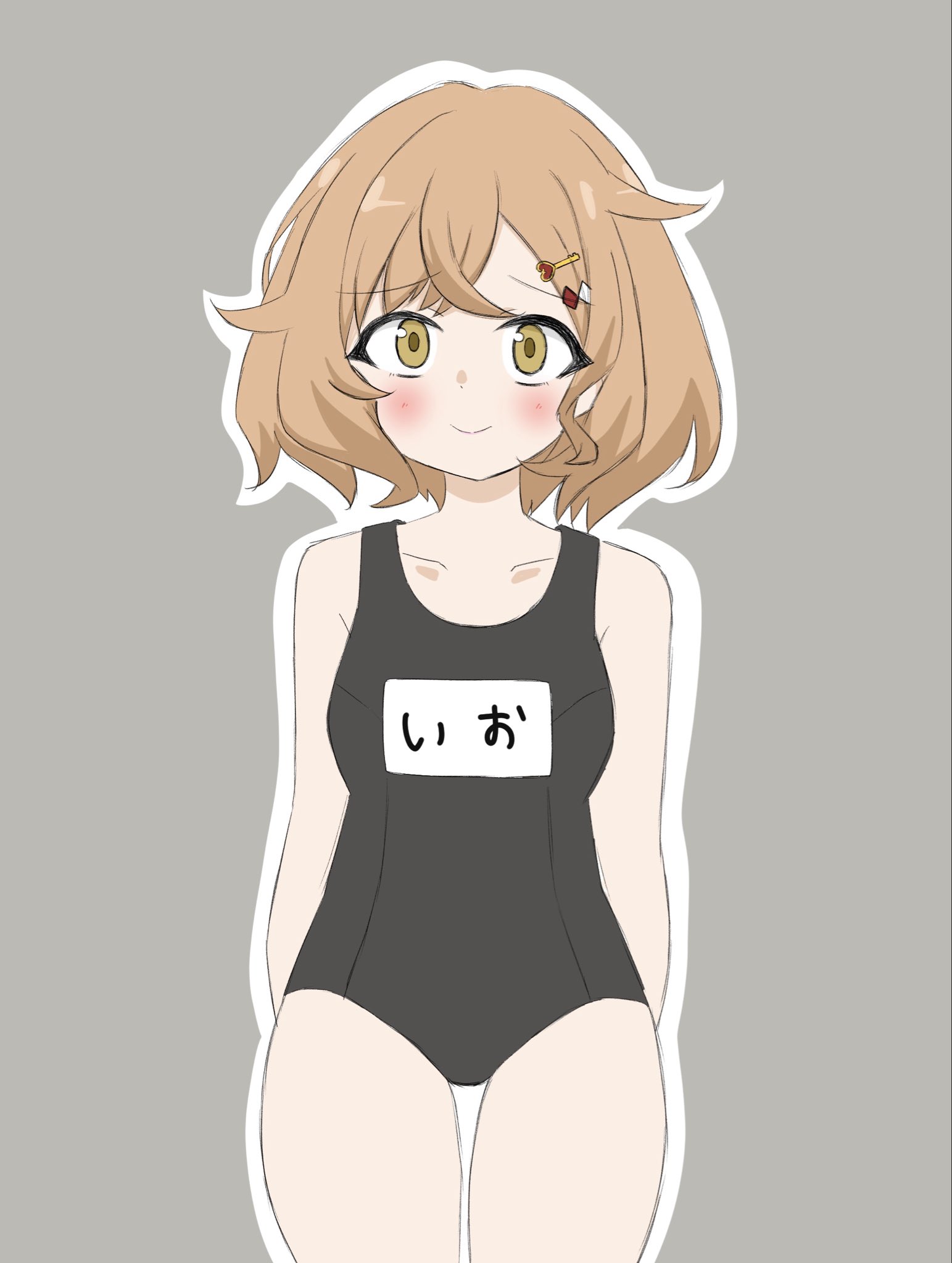 unu (yayoinoasagohan), assault lily, commentary request, highres, 1girl, arms at sides, black one-piece swimsuit, blush, breasts, brown eyes, brown hair, closed mouth, collarbone, cowboy shot, crossed bangs, grey background, hair ornament, hairclip, heart, heart hair ornament, kuwata io, looking at viewer, medium hair, name tag, one-piece swimsuit, raised eyebrows, school swimsuit, simple background, small breasts, smile, solo, standing, swimsuit