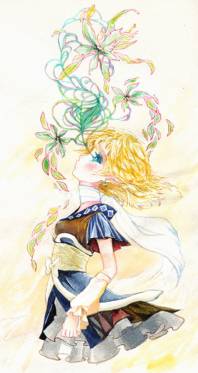 takatora, mizuhashi parsee, touhou, 1girl, blonde hair, female focus, green eyes, plant, pointy ears, scarf, short hair, solo, standing