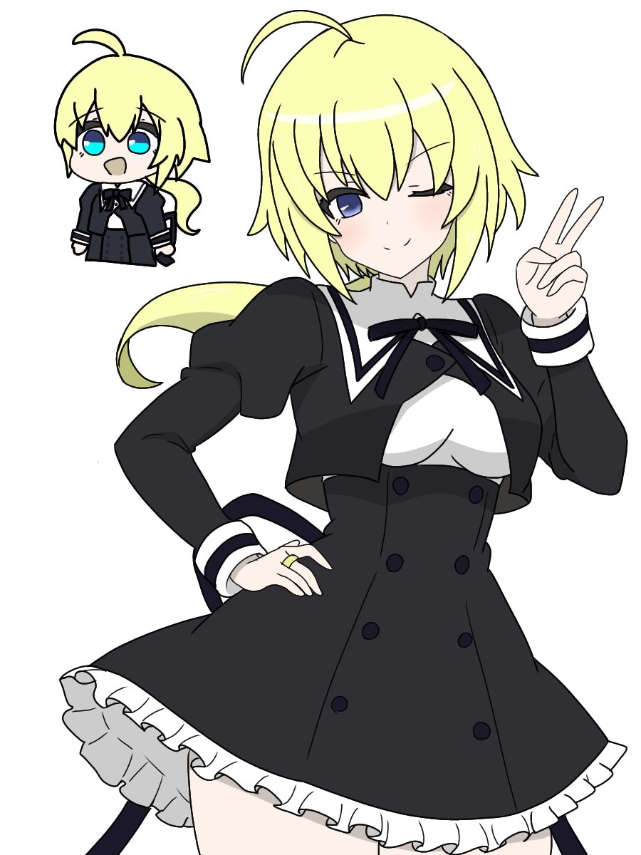kimassi, amano soraha, assault lily, commentary request, highres, 1girl, :d, ;), ahoge, arms at sides, black ribbon, black skirt, blonde hair, blue eyes, blush, breasts, buttons, chibi, closed mouth, cowboy shot, cropped jacket, cropped torso, frilled skirt, frills, hair between eyes, hand on own hip, hand up, high-waist skirt, jewelry, long hair, looking at viewer, low ponytail, medium breasts, miniskirt, multiple views, neck ribbon, one eye closed, open mouth, ponytail, purple eyes, ribbon, ring, school uniform, shirt, skirt, smile, standing, v, v-shaped eyebrows, white shirt, yurigaoka girls academy school uniform