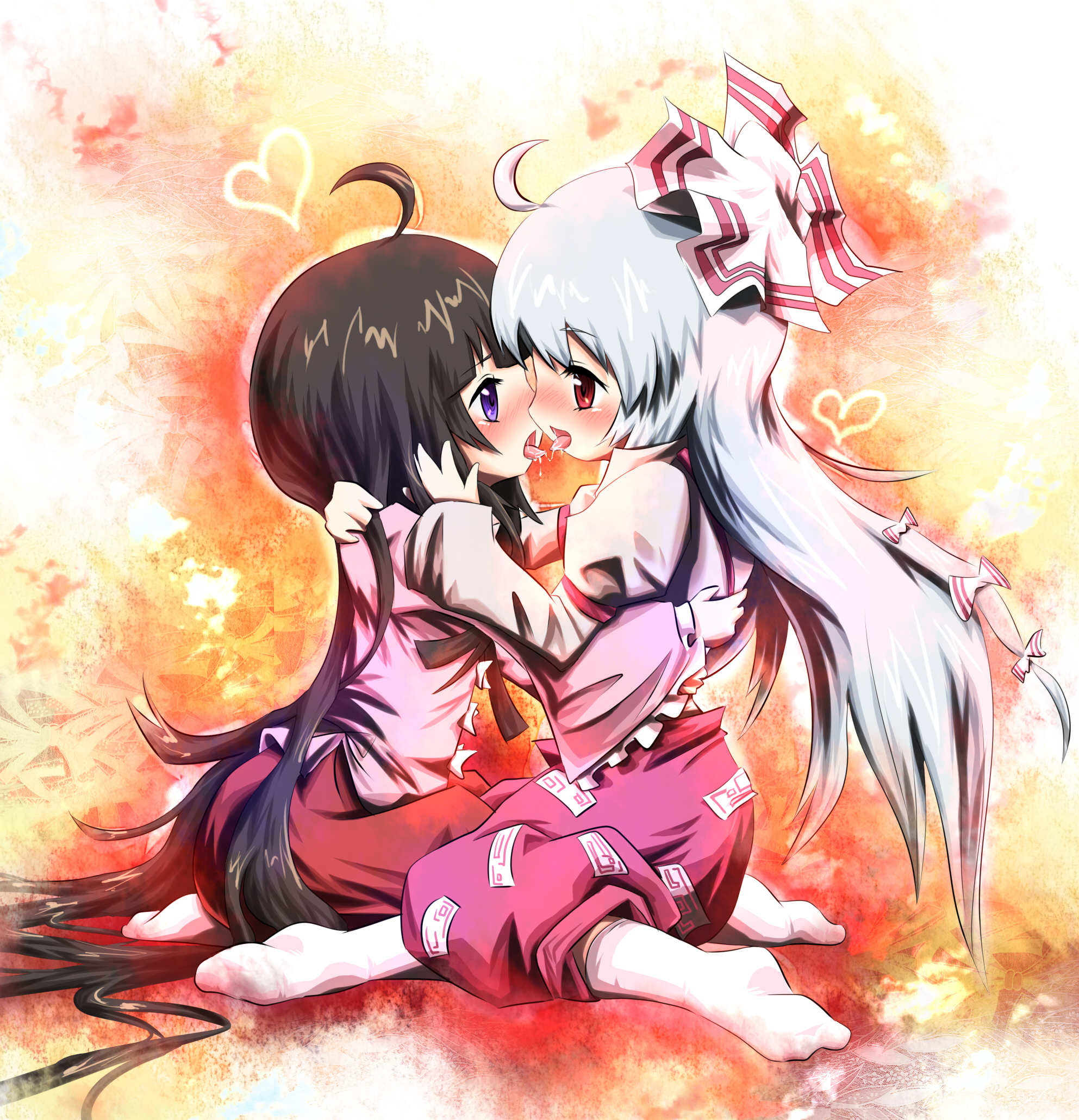 ayakashi (monkeypanch), fujiwara no mokou, houraisan kaguya, touhou, silver hair, bad id, bad pixiv id, highres, 2girls, black hair, blush, bow, female focus, french kiss, hair bow, hair ribbon, kiss, long hair, multiple girls, purple eyes, red eyes, ribbon, socks, yuri