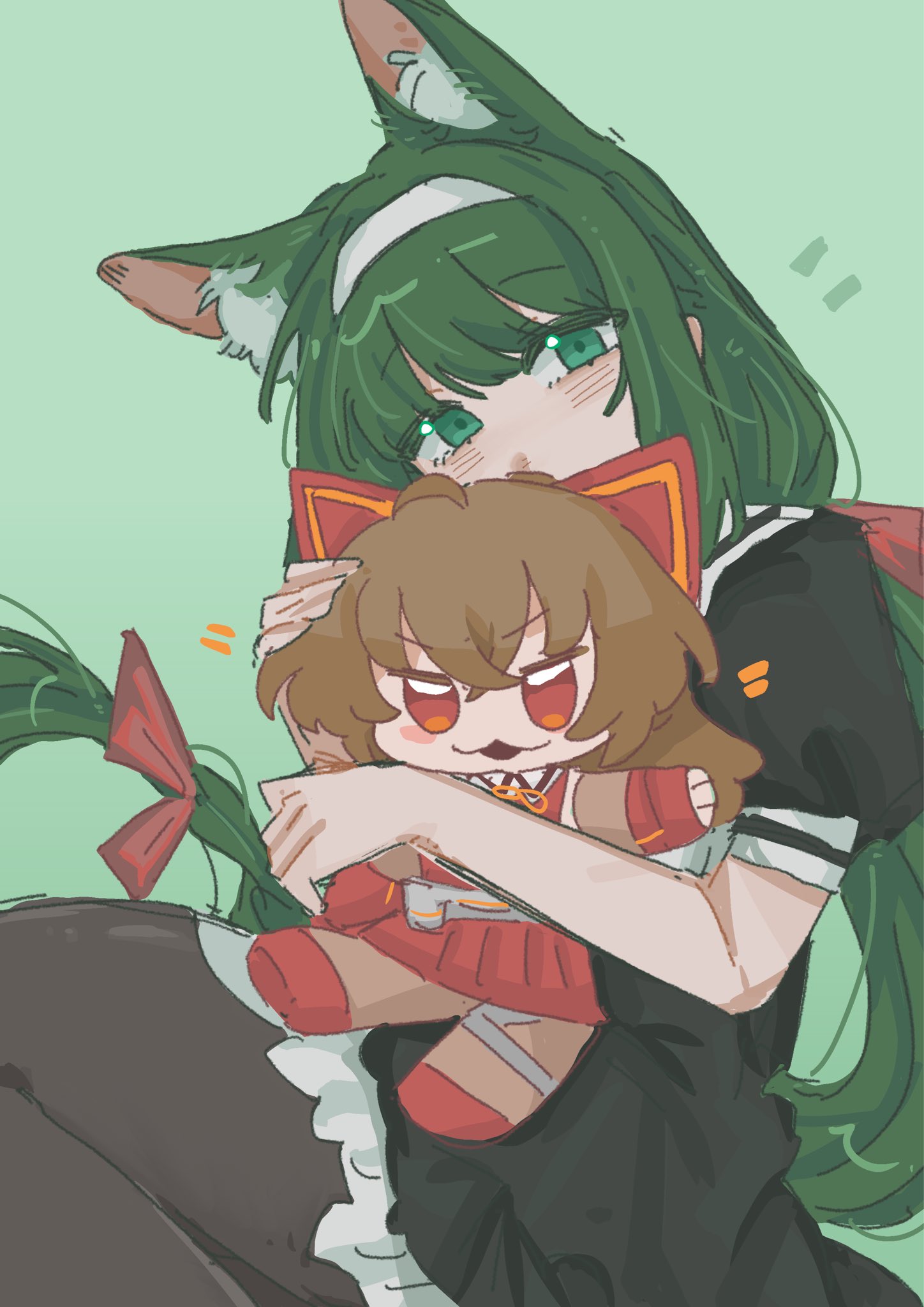 hasebe touka, kondou misaka, assault lily, commentary, highres, 1girl, animal ear fluff, animal ears, black pantyhose, black skirt, blush, character doll, covered mouth, cowboy shot, doll, floating hair, fox ears, frilled skirt, frills, gatti love, green background, green eyes, green hair, hair ribbon, hairband, hands up, high-waist skirt, holding, holding doll, hugging doll, hugging object, kemonomimi mode, long hair, looking at viewer, low-tied long hair, miniskirt, notice lines, pantyhose, puffy short sleeves, puffy sleeves, red ribbon, ribbon, school uniform, shirt, short sleeves, simple background, skirt, solo, standing, very long hair, white hairband, white shirt, yurigaoka girls academy school uniform