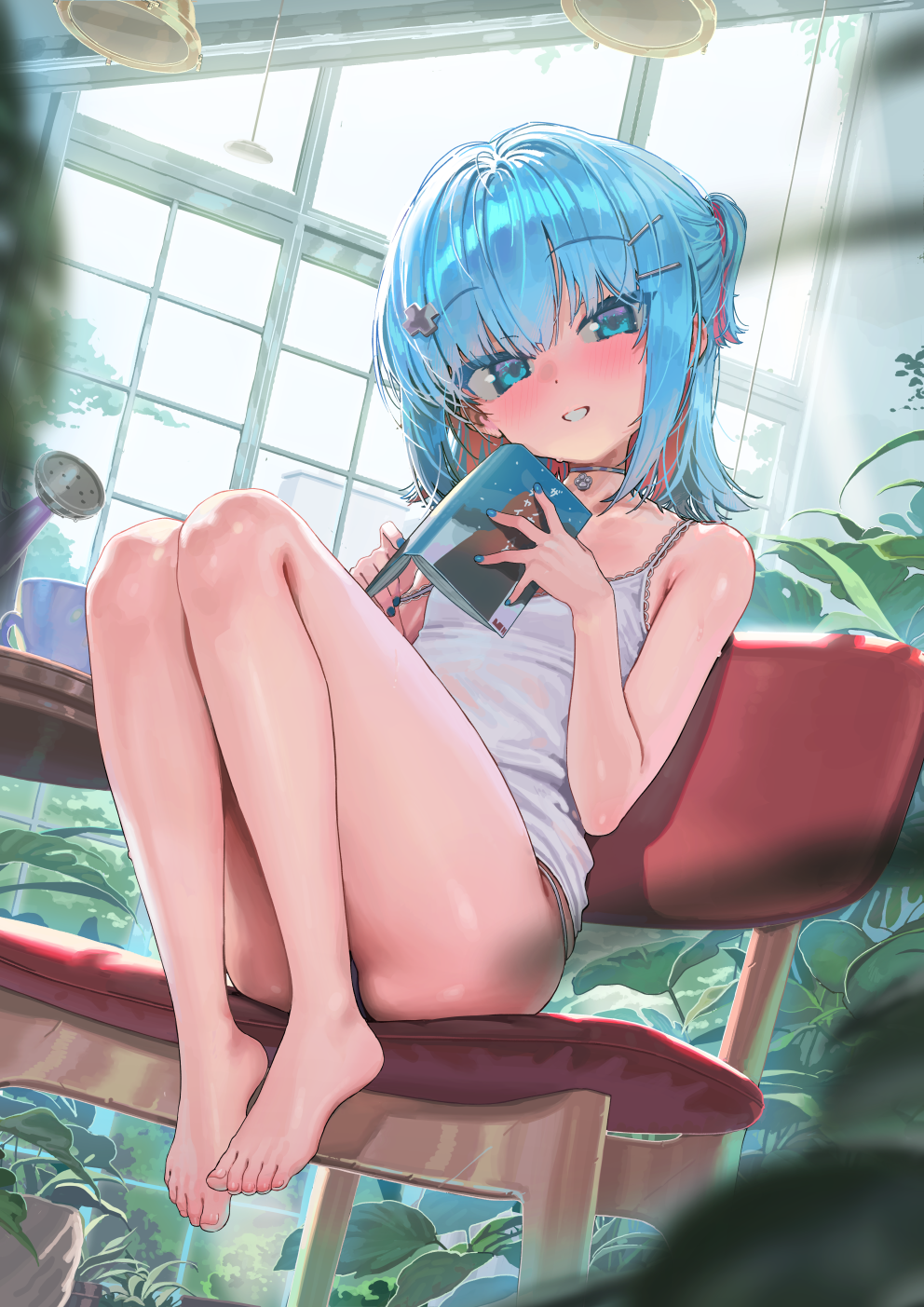 kanzarin, kanzarin (vtuber), indie virtual youtuber, commentary request, highres, 1girl, barefoot, blue eyes, blue hair, blue nails, blurry, blush, book, breasts, camisole, closed mouth, colored inner hair, depth of field, feet, fingernails, holding, holding book, knees up, looking at viewer, medium hair, multicolored hair, nail polish, no pants, pink hair, plant, small breasts, solo, toes, virtual youtuber, watering can, white camisole