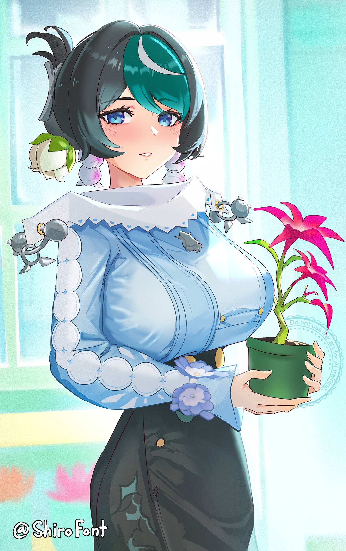 shiro font, orchidea (zenless zone zero), zenless zone zero, highres, 1girl, black hair, black skirt, blue eyes, blue hair, blue shirt, blush, breasts, earrings, flower, flower earrings, half updo, high-waist skirt, jewelry, large breasts, long skirt, long sleeves, looking at viewer, mature female, medium hair, multicolored hair, off shoulder, parted lips, plant, potted plant, shirt, skirt, solo, streaked hair