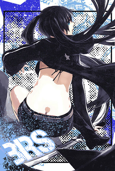 georges meunier, black rock shooter (character), black rock shooter, bad id, bad pixiv id, 10s, 1girl, ass, back, belt, bikini, bikini top only, black bikini, black hair, blue eyes, butt crack, coat, female focus, from behind, long hair, midriff, shorts, solo, swimsuit, sword, twintails, weapon