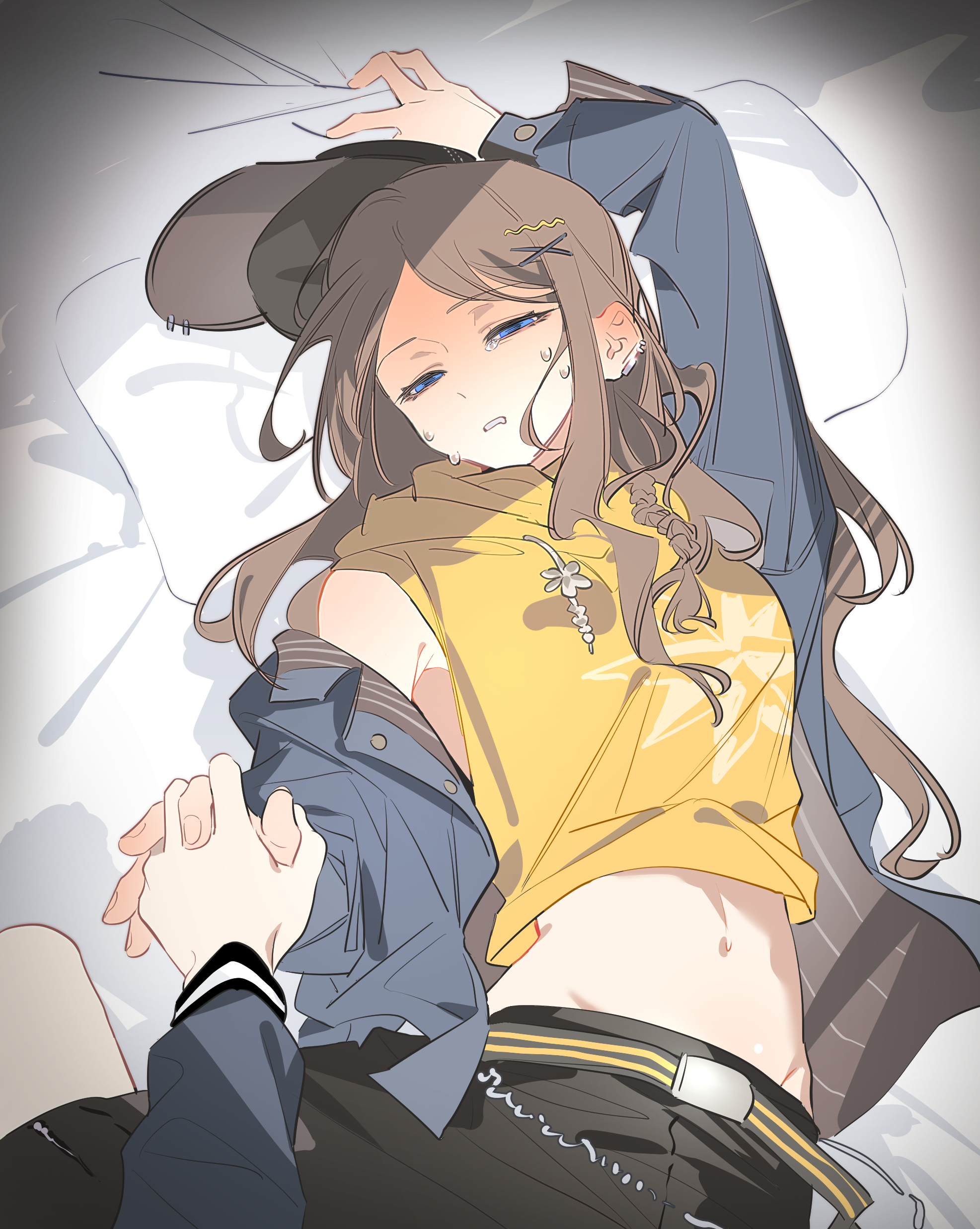 yuan shuang, nagasaki soyo, wakaba mutsumi, bang dream!, bang dream! it's mygo!!!!!, absurdres, chinese commentary, commentary request, highres, 2girls, baseball cap, black hat, blue eyes, brown hair, cropped hoodie, earclip, female pov, grey jacket, half-closed eyes, hat, holding hands, hood, hoodie, interlocked fingers, jacket, long hair, midriff, multiple girls, on bed, pillow, pov, school uniform, sleeveless, sleeveless hoodie, straddling, tears, tsukinomori school uniform, yellow hoodie, yuri