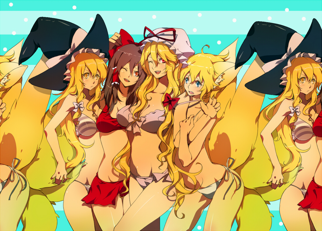 akishima kei, hakurei reimu, kirisame marisa, yakumo ran, yakumo yukari, touhou, bad id, bad pixiv id, 4girls, bikini, blonde hair, breast envy, breasts, female focus, frown, hat, large breasts, medium breasts, multiple girls, one eye closed, smile, strap slip, swimsuit, tail, wink, witch, witch hat