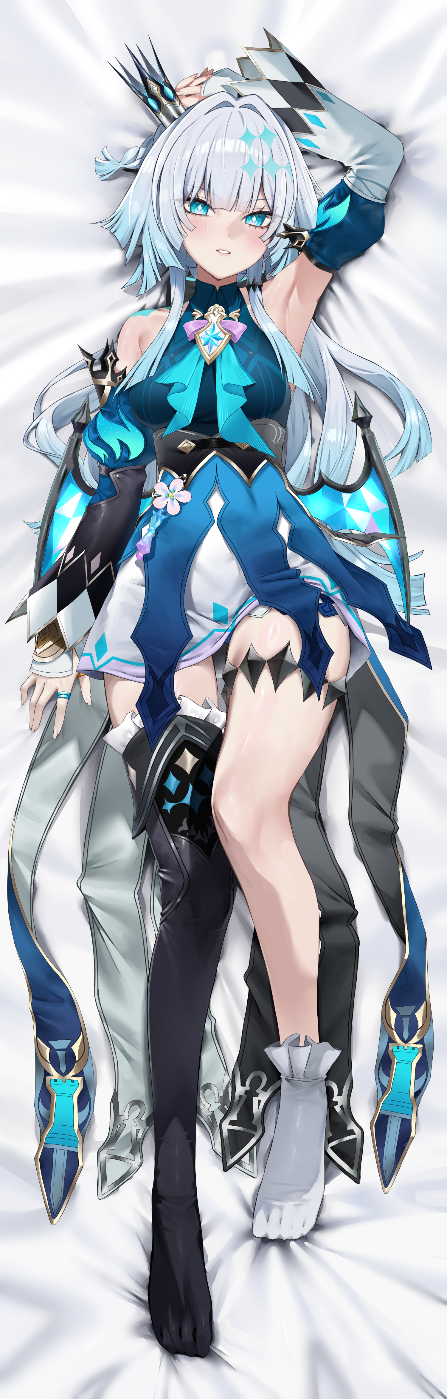 vitaminechan, cerydra (honkai: star rail), honkai: star rail, honkai (series), absurdres, bilingual commentary, commentary, commission, english commentary, highres, mixed-language commentary, 1girl, alternate breast size (larger), arm up, armpits, asymmetrical footwear, bare shoulders, bed sheet, black thighhighs, blue dress, blush, breasts, crown, dakimakura (medium), detached sleeves, diamond-shaped pupils, diamond (shape), dress, fingernails, from above, full body, grey hair, hair intakes, large breasts, long hair, looking at viewer, lying, no shoes, on back, parted lips, single sock, single thighhigh, skirt, socks, solo, symbol-shaped pupils, thighhighs, thighs, very long hair, white skirt, white socks