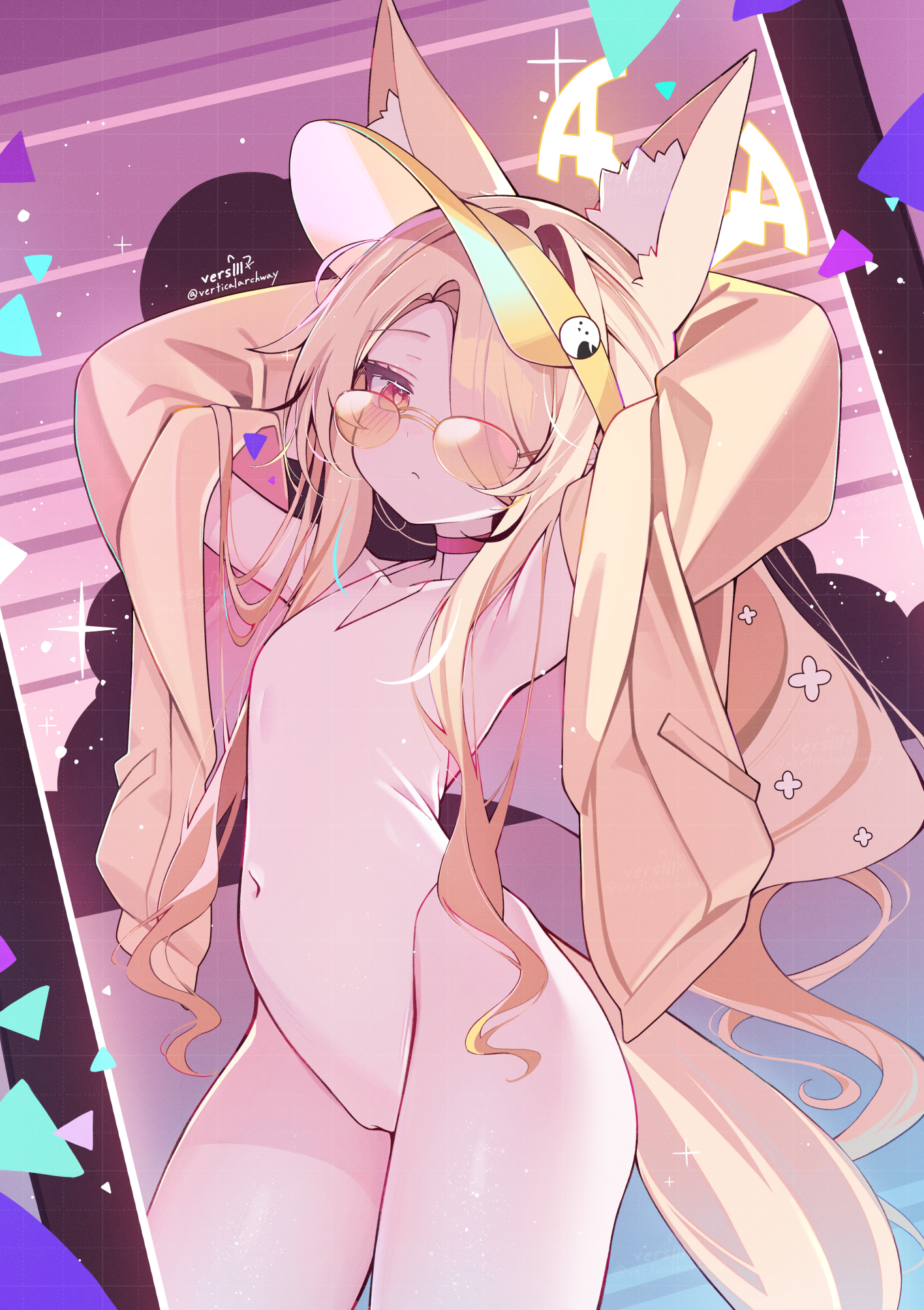 verslll, seia (blue archive), seia (swimsuit) (blue archive), blue archive, commentary request, highres, 1girl, animal ear fluff, animal ears, armpits, blonde hair, breasts, covered navel, fox ears, halo, jacket, long hair, official alternate costume, one-piece swimsuit, small breasts, solo, sunglasses, swimsuit, visor cap, white one-piece swimsuit