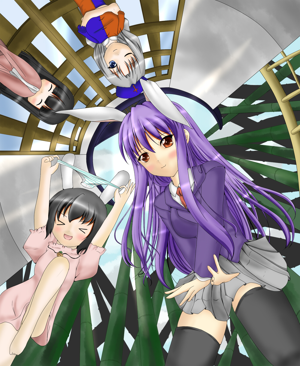 haku rin, shirosuzu, houraisan kaguya, inaba tewi, reisen udongein inaba, yagokoro eirin, touhou, highres, > <, 4girls, :3, :d, animal ears, bad anatomy, bad feet, bad hands, bamboo, black hair, blue eyes, blunt bangs, blush, carrot, closed eyes, cross, female focus, fisheye, from below, hat, hime cut, holding, holding panties, holding underwear, holding unworn clothes, long hair, multiple girls, necktie, nurse, one eye closed, open mouth, panties, poorly drawn, purple hair, rabbit ears, red eyes, skirt, sky, smile, striped clothes, striped panties, thighhighs, underwear, zettai ryouiki
