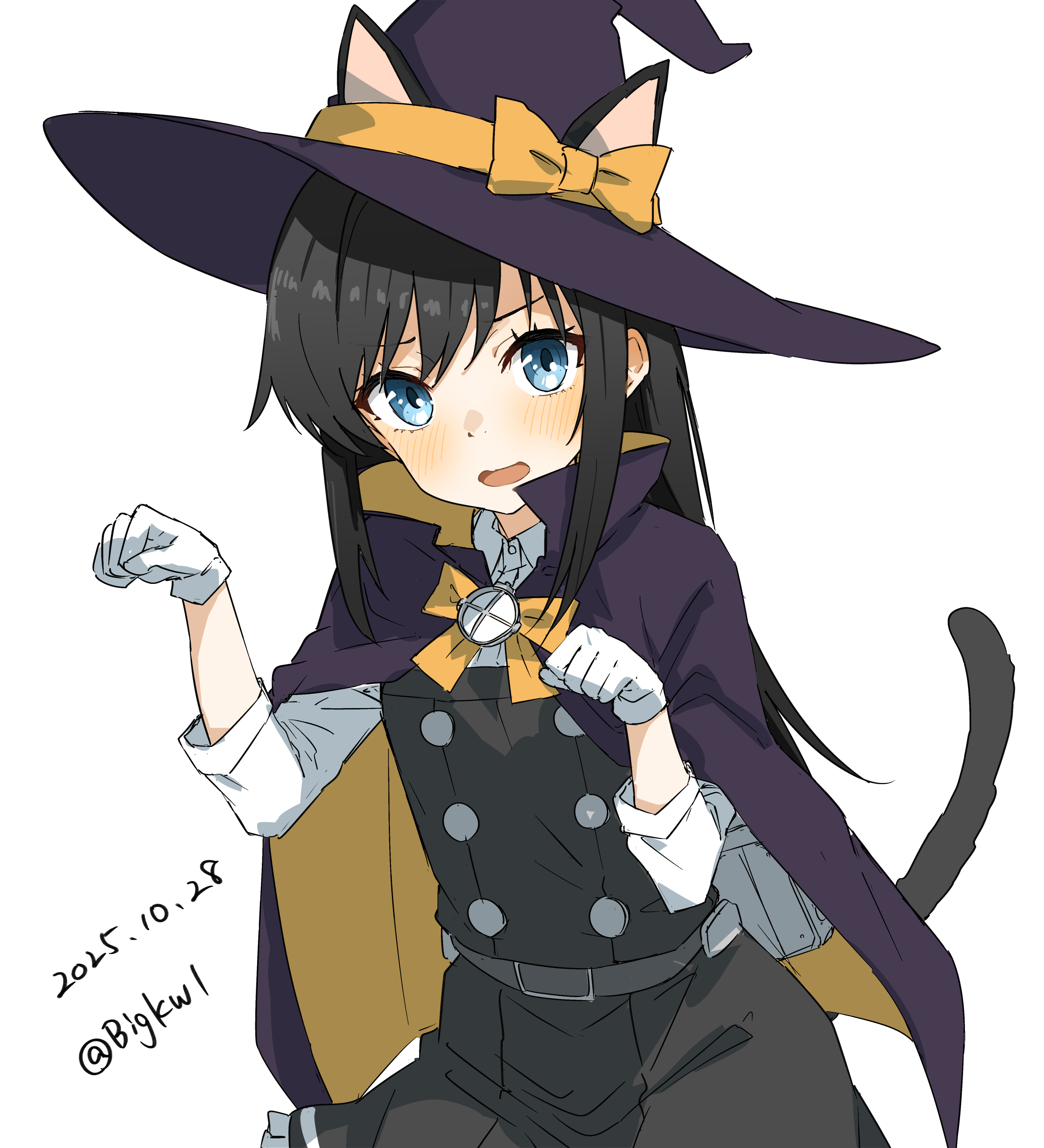 bigkwl, asashio (halloween) (kancolle), asashio (kancolle), asashio kai ni (kancolle), kantai collection, absurdres, commentary, highres, 1girl, animal ears, black cape, black hair, blue eyes, blush, bow, bowtie, buttons, cape, cat ears, cat tail, collared shirt, cowboy shot, dated, dated commentary, double-breasted, dress, dress shirt, gloves, halloween costume, hands up, hat, hat bow, long hair, looking at viewer, one-hour drawing challenge, open mouth, paw pose, pinafore dress, searchlight, shirt, simple background, sleeveless, sleeveless dress, solo, tail, twitter username, two-sided cape, two-sided fabric, white background, white gloves, white shirt, witch hat, yellow bow, yellow bowtie
