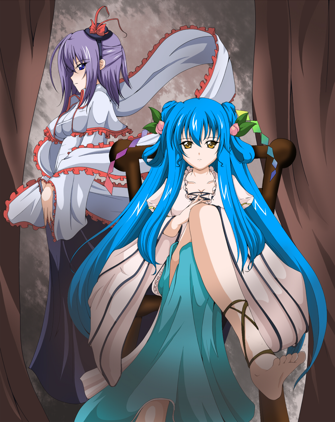 haku rin, shirosuzu, hinanawi tenshi, nagae iku, touhou, highres, 2girls, alternate costume, alternate hairstyle, bad anatomy, bad feet, barefoot, blue eyes, blue hair, capelet, feet, female focus, food, frills, fruit, hat, leaf, multiple girls, peach, poorly drawn, purple hair, shawl, yellow eyes