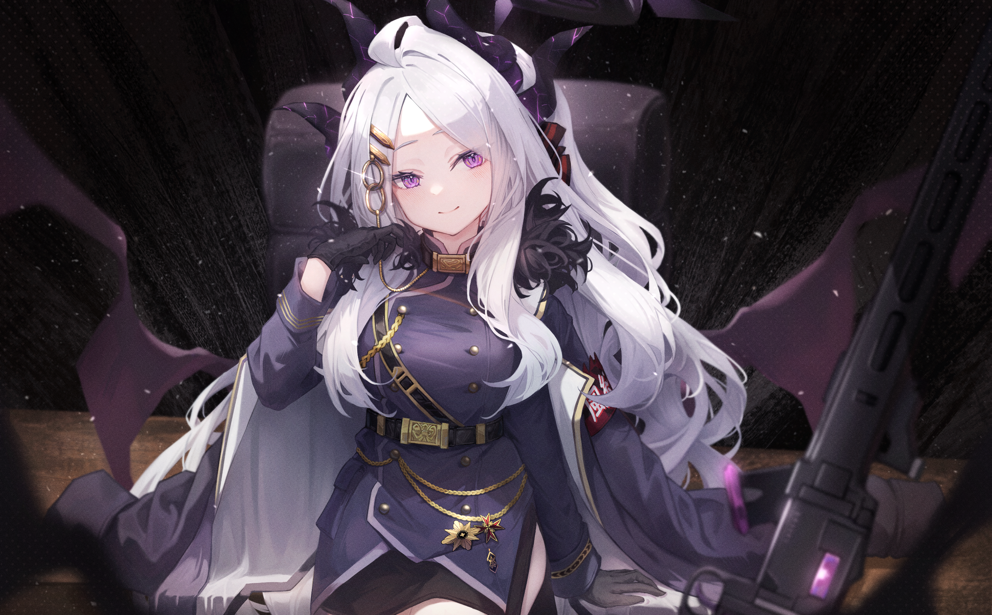 magaqq123, hina (blue archive), blue archive, absurdres, highres, 1girl, ahoge, black gloves, black skirt, blush, closed mouth, coat, coat on shoulders, demon girl, demon horns, demon wings, fur collar, gloves, horns, jacket, long hair, looking at viewer, ponytail, purple coat, purple eyes, purple jacket, skirt, smile, solo, white hair, wings