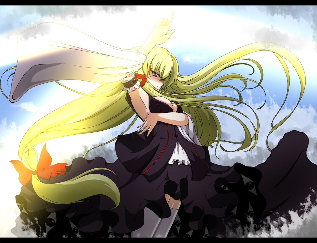 haku rin, shirosuzu, yakumo yukari, touhou, 1girl, breasts, cleavage, female focus, large breasts, letterboxed, long hair, solo, thighhighs, very long hair