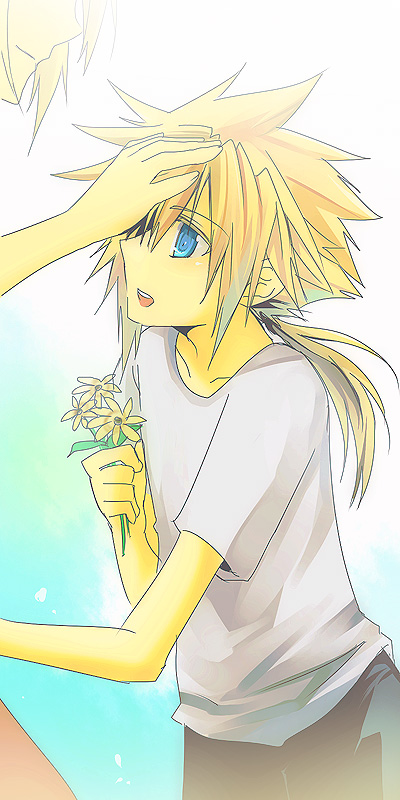 meru, claudia strife, cloud strife, final fantasy, final fantasy vii, 1990s (style), 1boy, 1girl, age difference, aged down, blonde hair, blue eyes, child, closed mouth, collarbone, facing another, family, flower, hand on another's head, hand up, happy, height difference, holding, holding flower, looking at another, looking up, mother and son, open mouth, out of frame, ponytail, retro artstyle, shirt, short sleeves, smile, spiked hair, standing, t-shirt, teeth, tongue