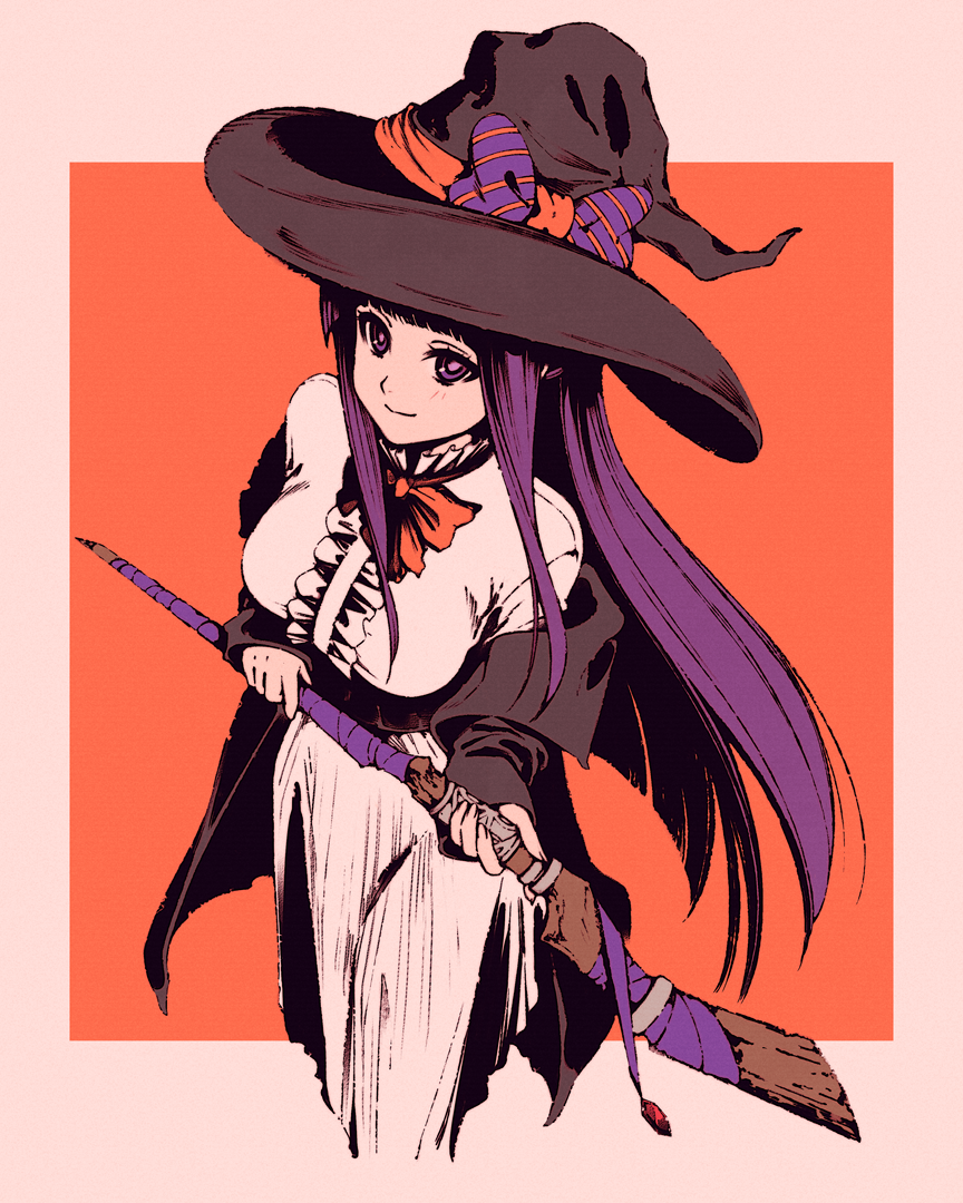 moshimoshibe, fern (sousou no frieren), sousou no frieren, 1girl, blunt bangs, dress, halloween, hat, holding, holding polearm, holding weapon, looking at viewer, polearm, purple eyes, purple hair, smile, solo, weapon, white dress, witch hat