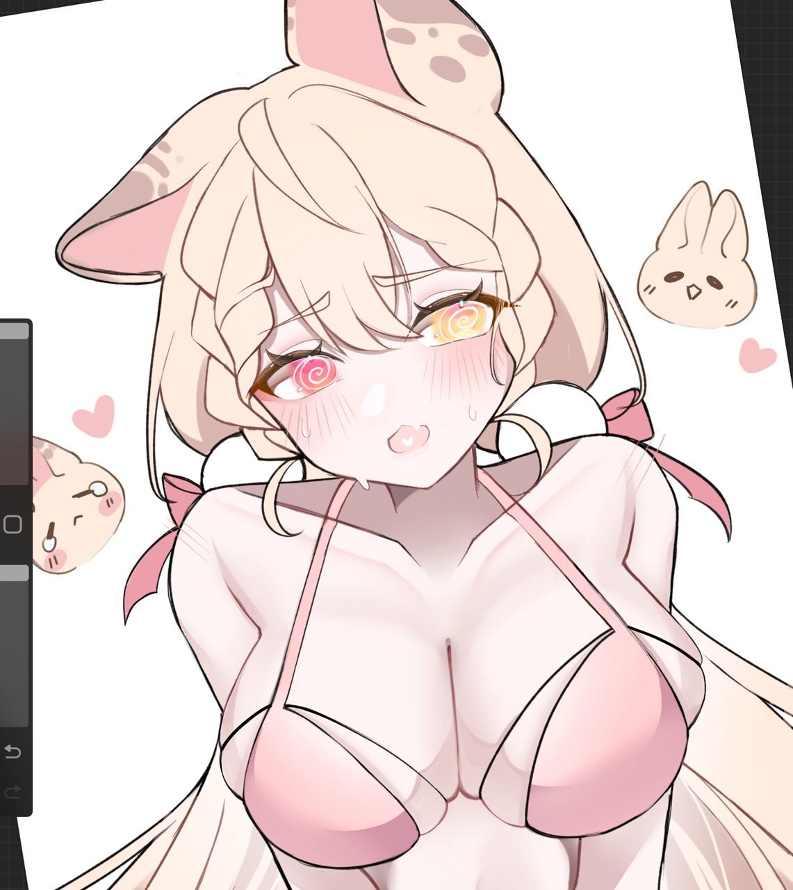 rosheil, alice thymefield, zenless zone zero, commentary, english commentary, highres, unfinished, 1girl, @ @, alternate costume, animal ears, art program in frame, bikini, blonde hair, blush, braid, breasts, cleavage, collarbone, doodle inset, double-parted bangs, facing viewer, fang, hair between eyes, heart, heterochromia, large breasts, long hair, looking to the side, low twintails, open mouth, pink bikini, rabbit ears, rabbit girl, red eyes, skin fang, solo, sweat, swimsuit, twintails, upper body, white background, yellow eyes