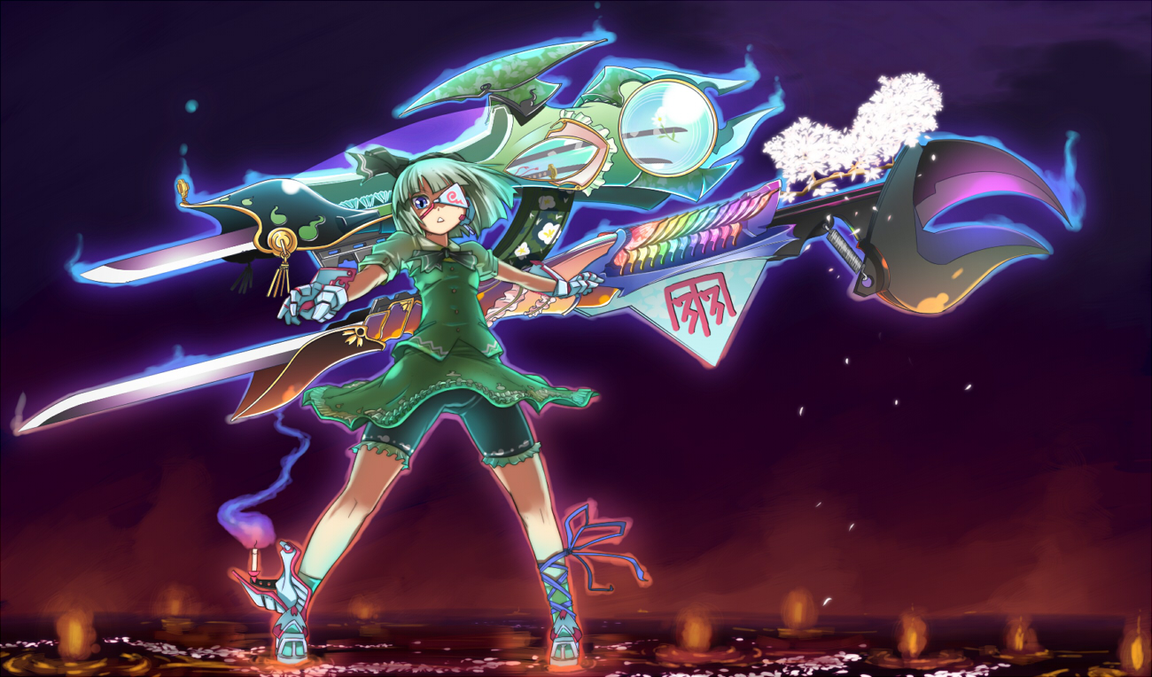 kage houshi, konpaku youmu, shaman king, touhou, 1girl, alternate weapon, candle, cherry blossoms, eyepatch, female focus, gloves, huge weapon, leg ribbon, parody, ribbon, shorts, solo, standing, sword, weapon