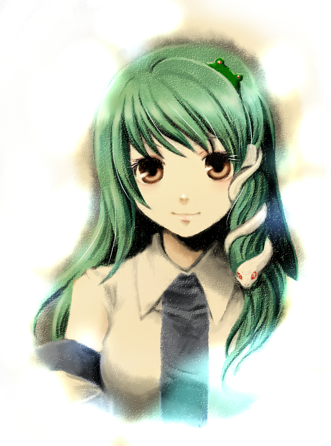 socha, kochiya sanae, mishaguji, touhou, highres, 1girl, female focus, simple background, snake, solo, white snake