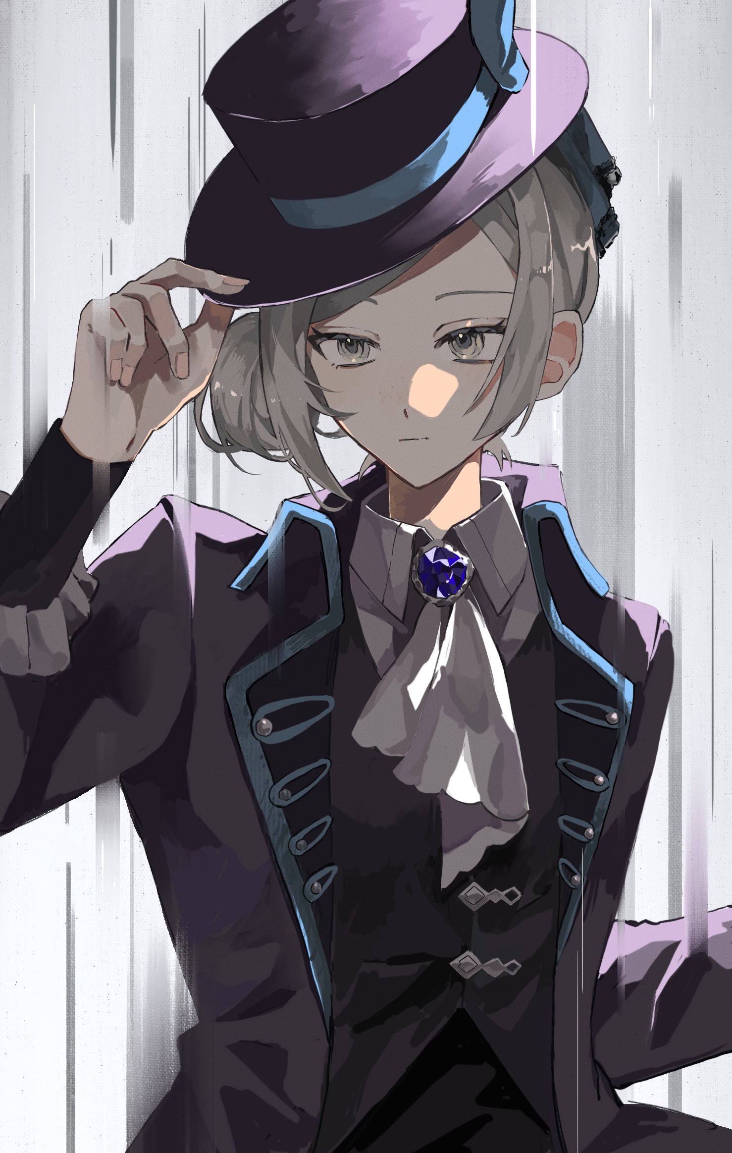 suzu (0943 su), vertin (reverse:1999), reverse:1999, highres, 1girl, ascot, backlighting, black hat, black jacket, black vest, blue ribbon, boater hat, brooch, closed mouth, exoskeleton, frilled sleeves, frills, gem, grey background, grey eyes, grey hair, hair bun, hand on headwear, hands up, hat, hat ribbon, jacket, jewelry, long sleeves, looking ahead, parted bangs, purple gemstone, rain, ribbon, side part, simple background, single side bun, solo, upper body, vest, waistcoat, white ascot, wing collar