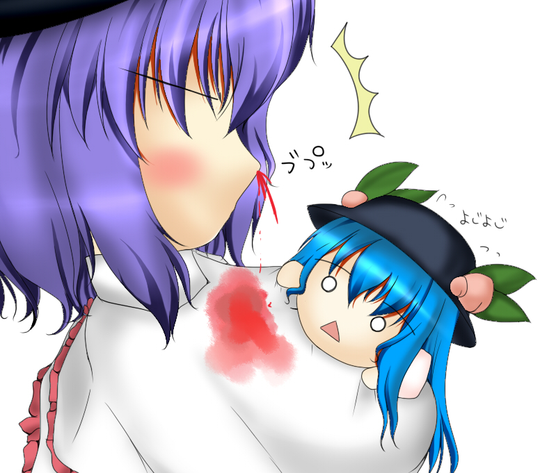 haku rin, shirosuzu, hinanawi tenshi, nagae iku, touhou, translation request, 2girls, blood, blue hair, chibi, female focus, food, fruit, hat, multiple girls, nosebleed, peach, purple hair, short hair, white background