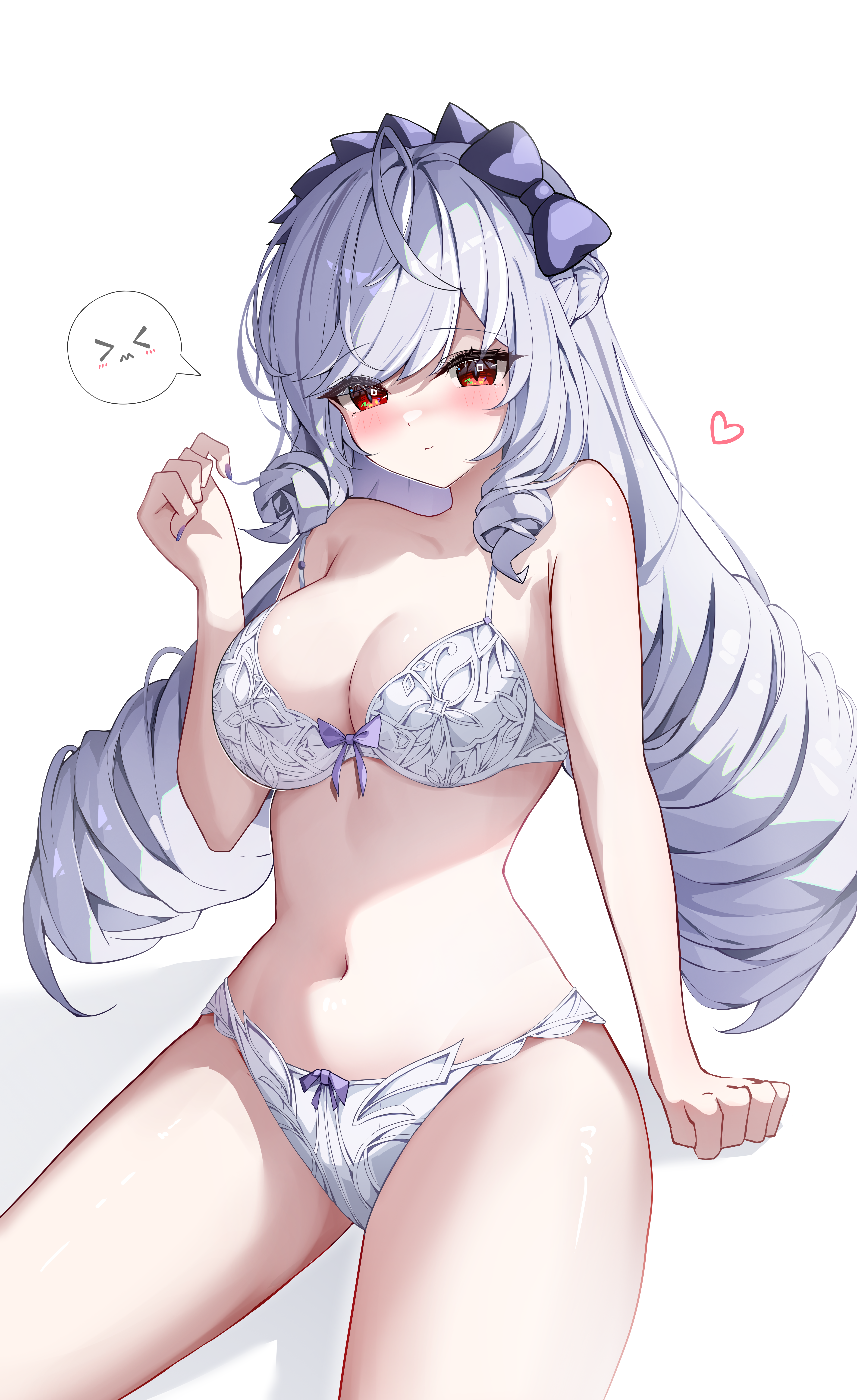 yeni1871, vivian banshee, zenless zone zero, absurdres, commentary request, highres, making-of available, paid reward available, > <, 1girl, ahoge, blush, bra, breasts, cleavage, cowboy shot, drill hair, heart, large breasts, long hair, looking at viewer, navel, panties, purple hair, red eyes, simple background, solo, spoken expression, stomach, thighs, twin drills, underwear, underwear only, very long hair, white background, white bra, white panties