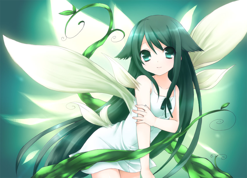 usashiro mani, saya (saya no uta), saya no uta, 1girl, black hair, female focus, green eyes, plant, solo, vines, wings