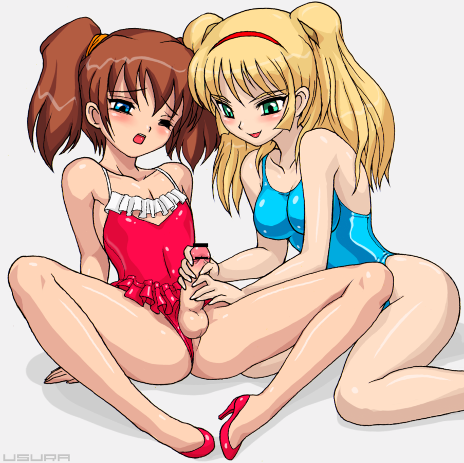 usura, kageura ayato, red footwear, 1boy, 1girl, androgynous, artist name, blonde hair, blue eyes, blush, breasts, brown hair, censored, clothing aside, crossdressing, femdom, hairband, handjob, hetero, high heels, large breasts, latex, looking at penis, one-piece swimsuit, one eye closed, penis, pointless censoring, red heels, seductive smile, shoes, shota, smile, spread legs, swimsuit, swimsuit aside, trap, twintails