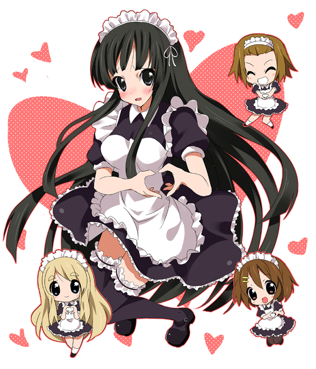 paco, akiyama mio, hirasawa yui, kotobuki tsumugi, tainaka ritsu, k-on!, frilled legwear, 00s, 4girls, alternate costume, chibi, enmaided, heart, heart hands, ho-kago tea time, maid, maid headdress, moe moe kyun!, multiple girls, shoes, thighhighs