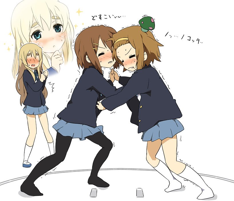 ixy, hirasawa yui, kotobuki tsumugi, tainaka ritsu, k-on!, 00s, 3girls, blush, closed eyes, kneehighs, multiple girls, mushroom, pantyhose, school uniform, socks, sumo, tomboy, white socks