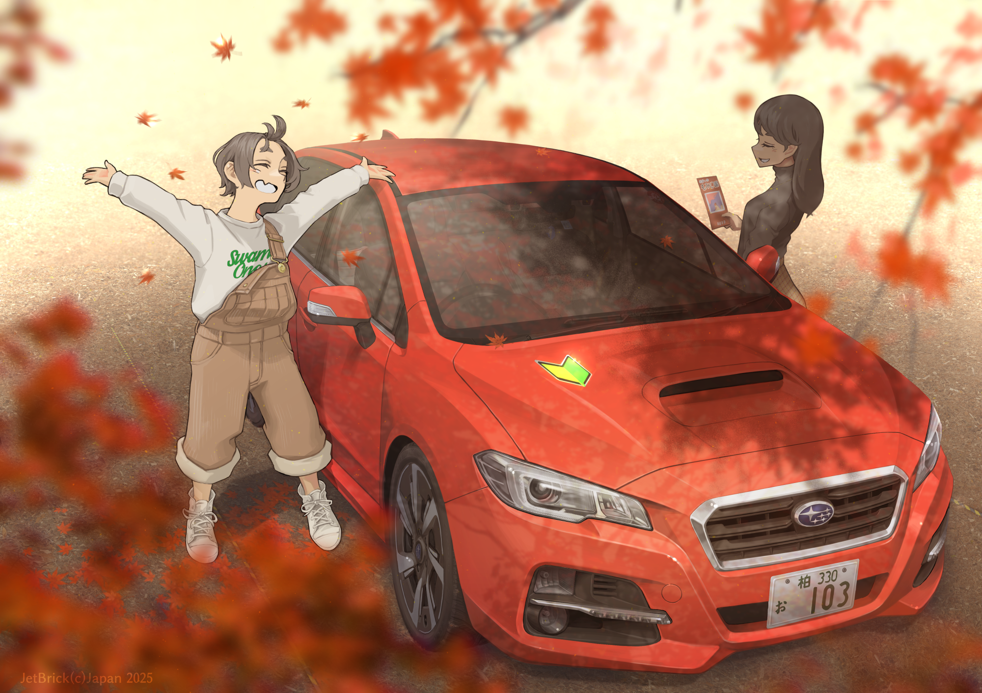 jettoburikku, original, subaru (brand), commentary request, highres, 2girls, arms up, brown overalls, car, falling leaves, happy, leaf, license plate, long sleeves, maple leaf, motor vehicle, multiple girls, overalls, red car, shoes, smile, sneakers, standing, subaru levorg, sweater, teeth, vehicle focus, white shoes, white sweater