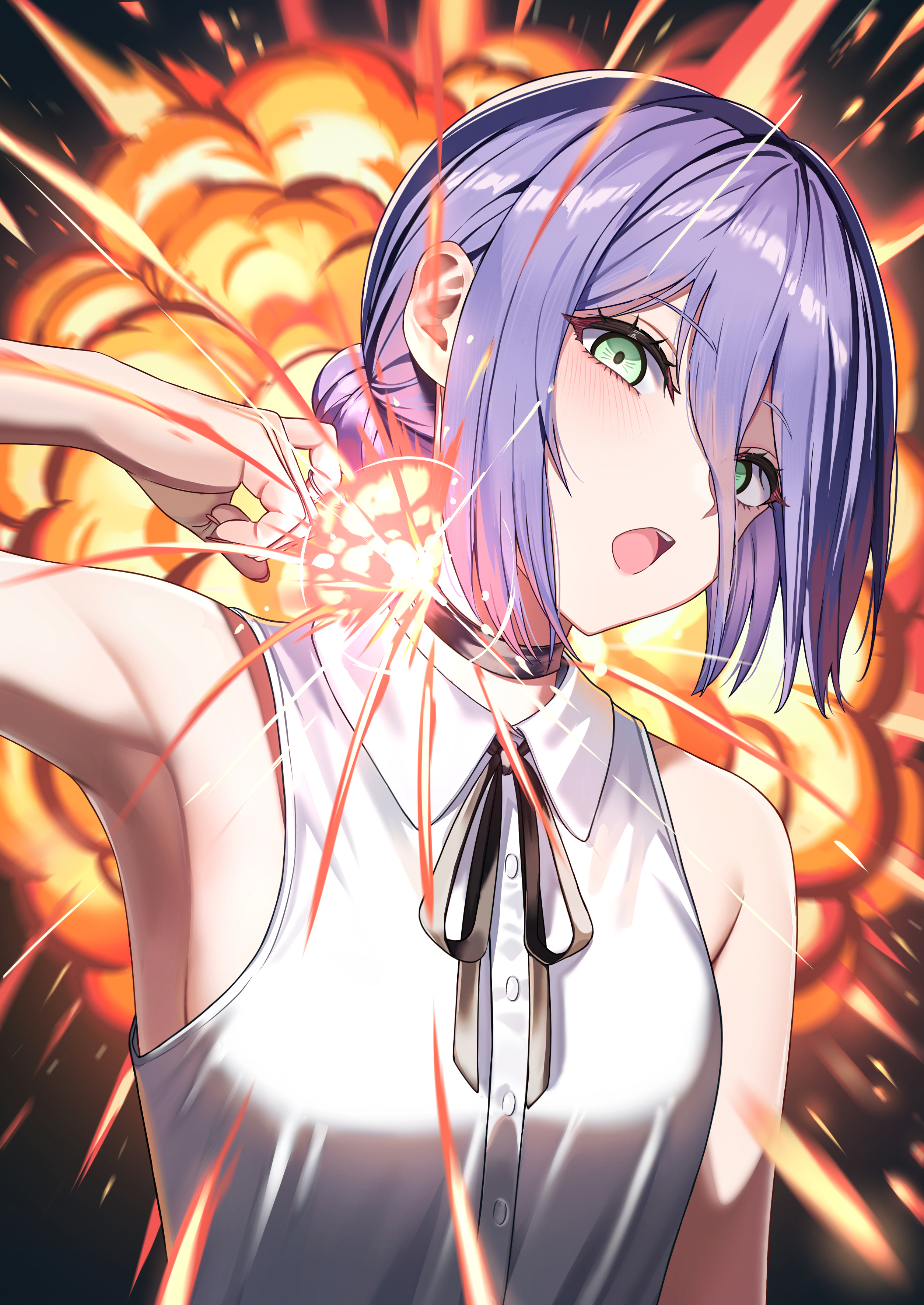 lnji (rnlwls34), reze (chainsaw man), chainsaw man, absurdres, commentary request, highres, 1girl, armpits, black choker, breasts, choker, collared shirt, explosion, green eyes, looking at viewer, neck ribbon, open mouth, ribbon, shirt, sleeveless, sleeveless shirt, small breasts, solo, upper body, white shirt