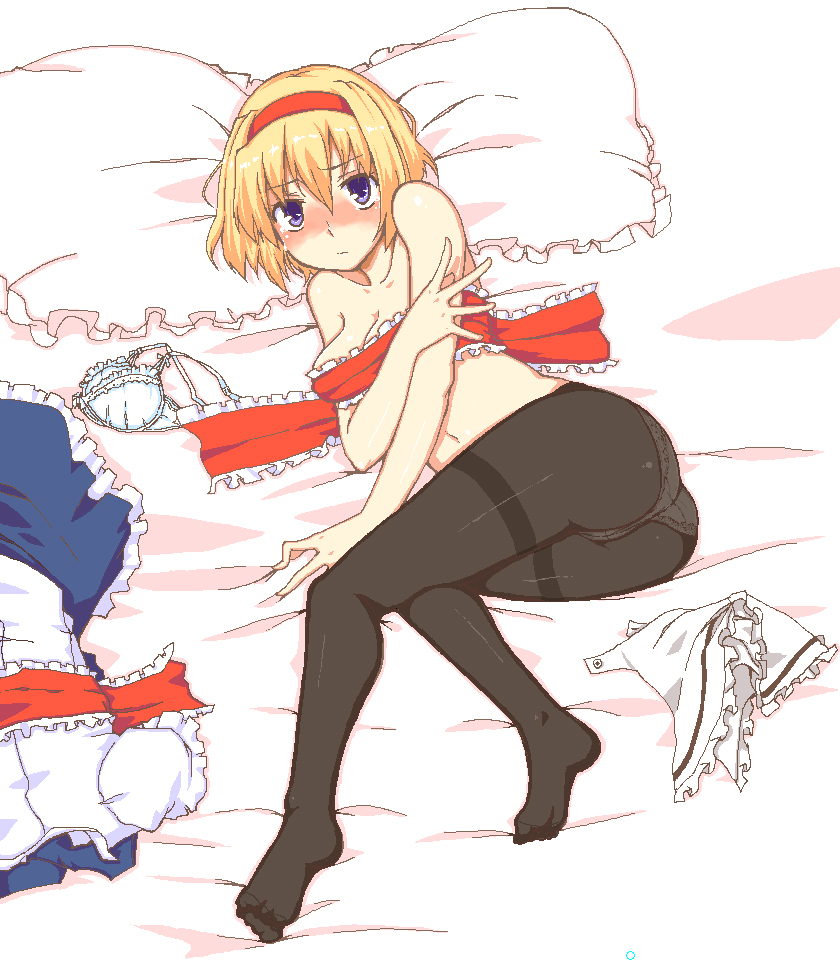 lysander z, uro (urotanc), alice margatroid, touhou, 1girl, ass, blonde hair, blue eyes, blush, feet, female focus, hairband, lying, oekaki, pantyhose, short hair, solo, tears, thighband pantyhose