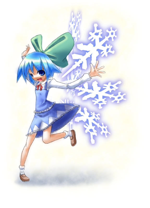 kuresento, cirno, shoot the bullet, touhou, 1girl, blue eyes, blue hair, bow, fang, female focus, full body, hair bow, large bow, matching hair/eyes, ribbon, short hair, solo, standing, standing on one leg, wings