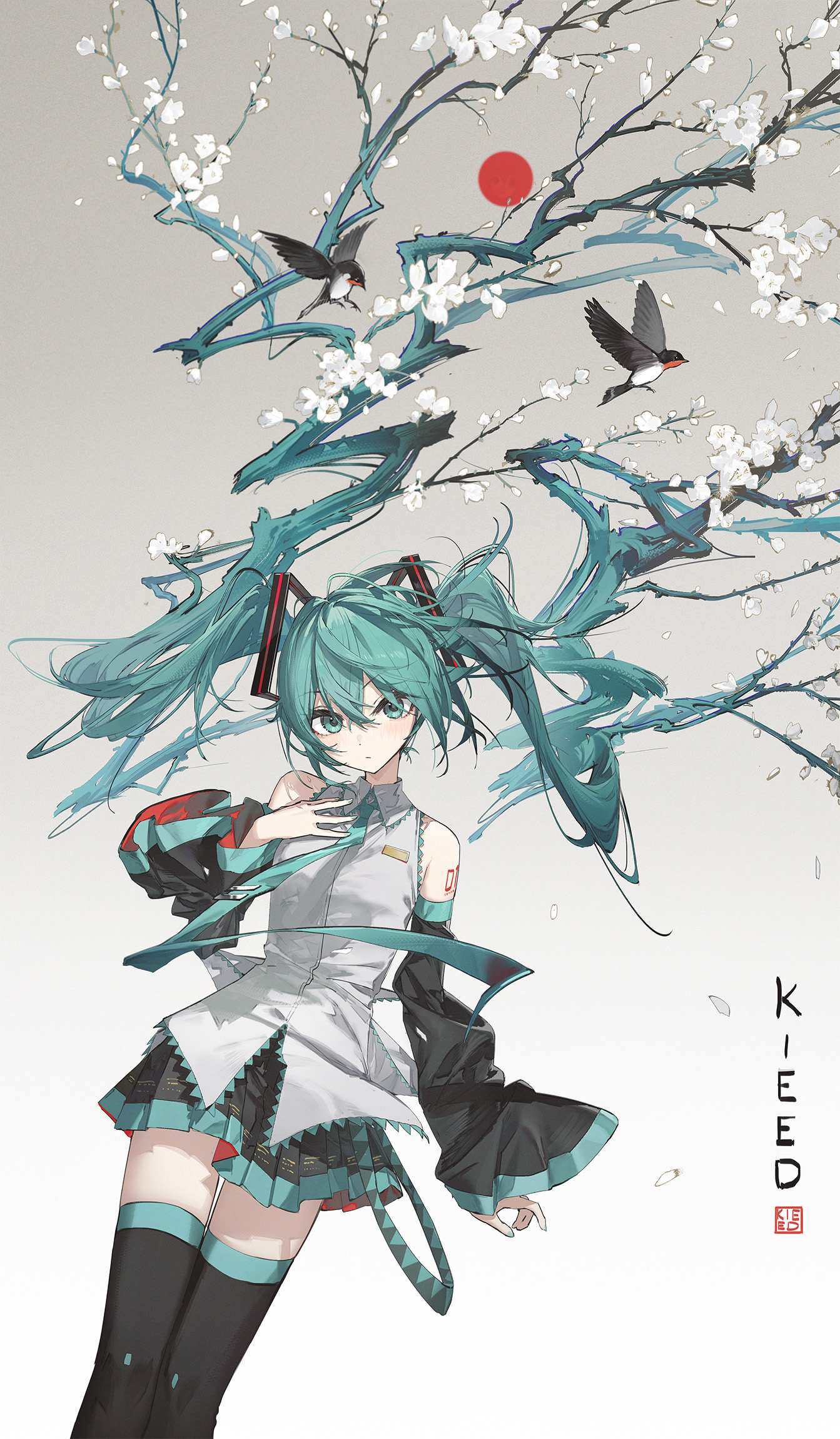 kieed, hatsune miku, vocaloid, commentary, highres, 1girl, aqua eyes, aqua hair, aqua necktie, arm tattoo, artist name, bird, branch, closed mouth, collared shirt, detached sleeves, feet out of frame, flower, grey shirt, hair branch, hand on own chest, long hair, looking at viewer, necktie, pleated skirt, plum blossoms, seal impression, shirt, skirt, sleeveless, sleeveless shirt, solo, sun, tattoo, thighhighs, tie clip, twintails, very long hair, when you see it, white flower, zettai ryouiki