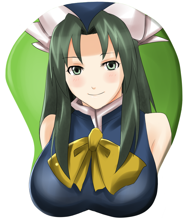 reon (pixiv), reon (saikyou), mima (touhou), phantasmagoria of dim.dream, touhou, touhou (pc-98), bad id, bad pixiv id, 1girl, ascot, bare shoulders, blush, breast mousepad, breasts, female focus, green eyes, green hair, hat, large breasts, long hair, looking at viewer, matching hair/eyes, mousepad (medium), ribbon, shirt, sleeveless, sleeveless shirt, smile, solo, upper body, wizard hat