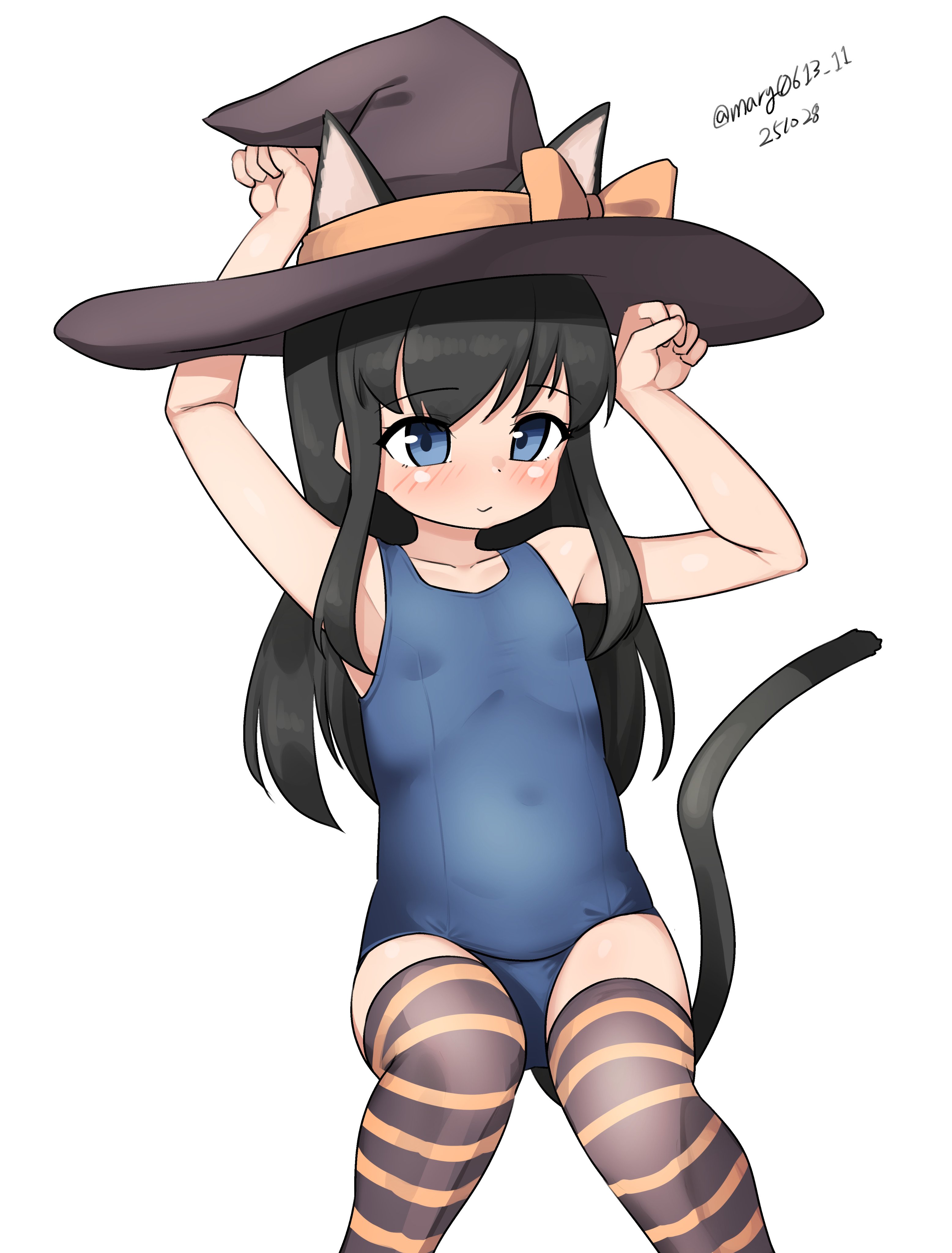 maru (marg0613), asashio (halloween) (kancolle), asashio (kancolle), kantai collection, absurdres, highres, 1girl, animal ears, black hair, black hat, black thighhighs, blue eyes, blue one-piece swimsuit, cat ears, cat tail, feet out of frame, flat chest, hat, invisible chair, long hair, old school swimsuit, one-hour drawing challenge, one-piece swimsuit, paw pose, school swimsuit, simple background, sitting, solo, striped clothes, striped thighhighs, swimsuit, tail, thighhighs, white background, witch hat