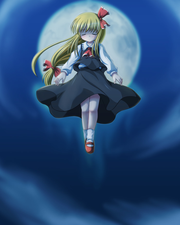 riku (rikkuru), rumia, embodiment of scarlet devil, touhou, 1girl, alternate hairstyle, blonde hair, closed eyes, cloud, female focus, full body, full moon, moon, outdoors, ribbon, sky, solo