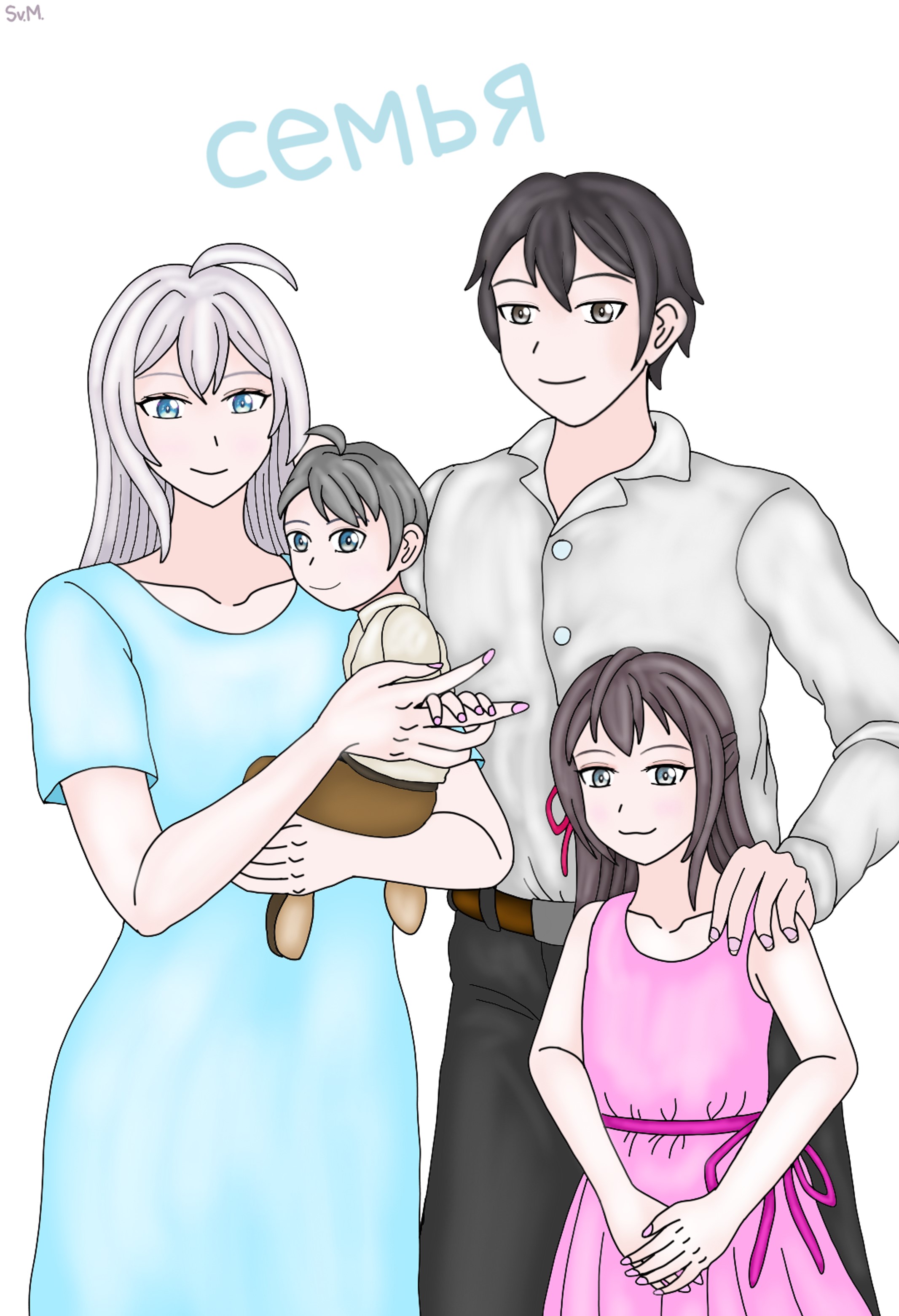 alisa mikhailovna kujou, kuze masachika, tokidoki bosotto roshia-go de dereru tonari no alya-san, absurdres, highres, 2boys, 2girls, black hair, blue dress, dress, father and daughter, father and son, mother and daughter, multiple boys, multiple girls