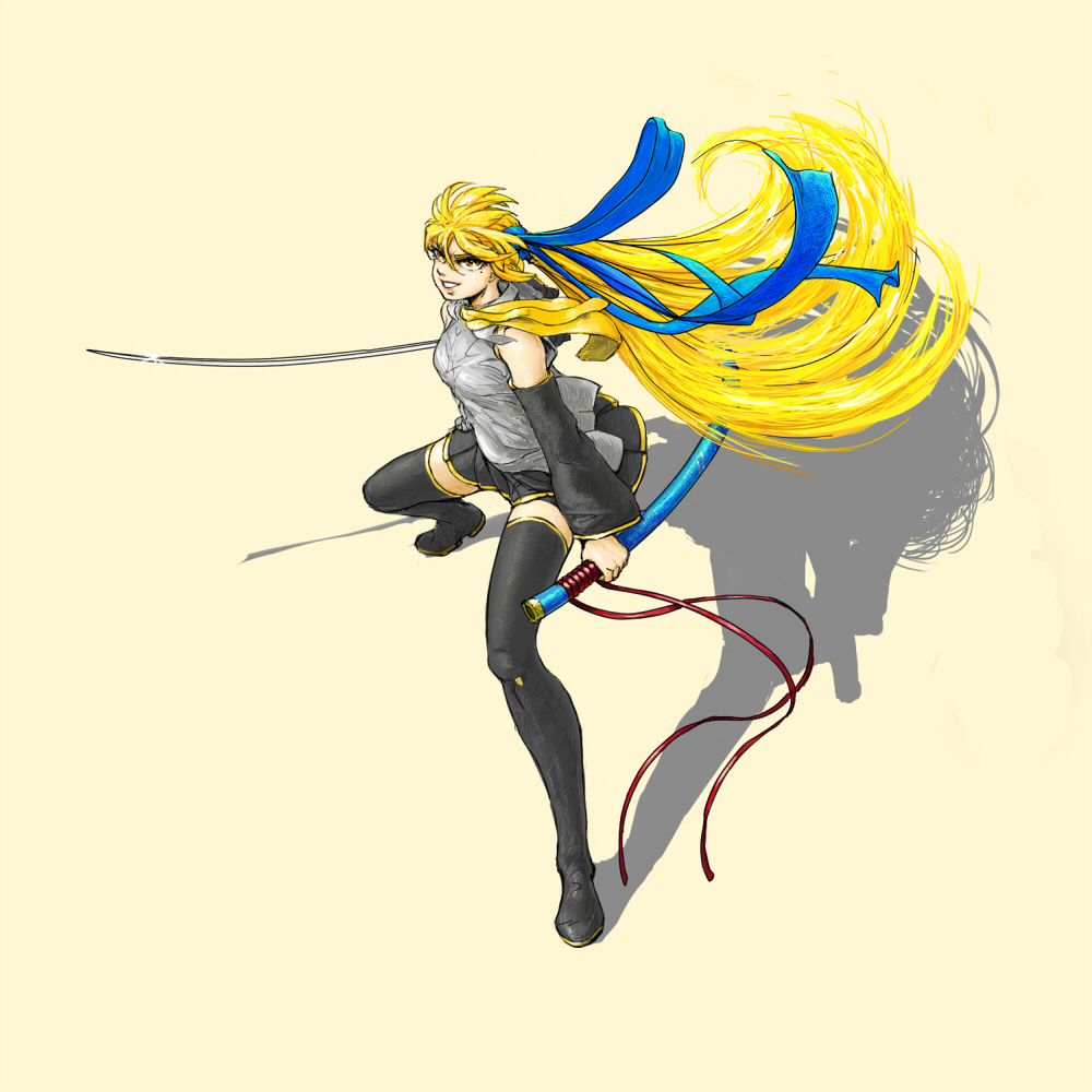 konpasu, akita neru, vocaloid, blonde hair, detached sleeves, grin, hair ribbon, katana, legs, long hair, necktie, orange eyes, ribbon, sheath, skirt, smile, solo, standing, sword, thighhighs, very long hair, weapon