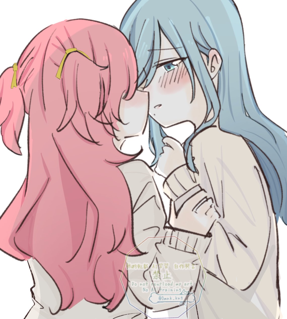 omnk kng, hinomori shizuku, momoi airi, project sekai, commentary, highres, 2girls, blue eyes, blue hair, blush, grey sweater, holding another's wrist, long hair, mole, mole under mouth, multiple girls, parted lips, pink hair, school uniform, simple background, sweater, two side up, watermark, white background, yuri