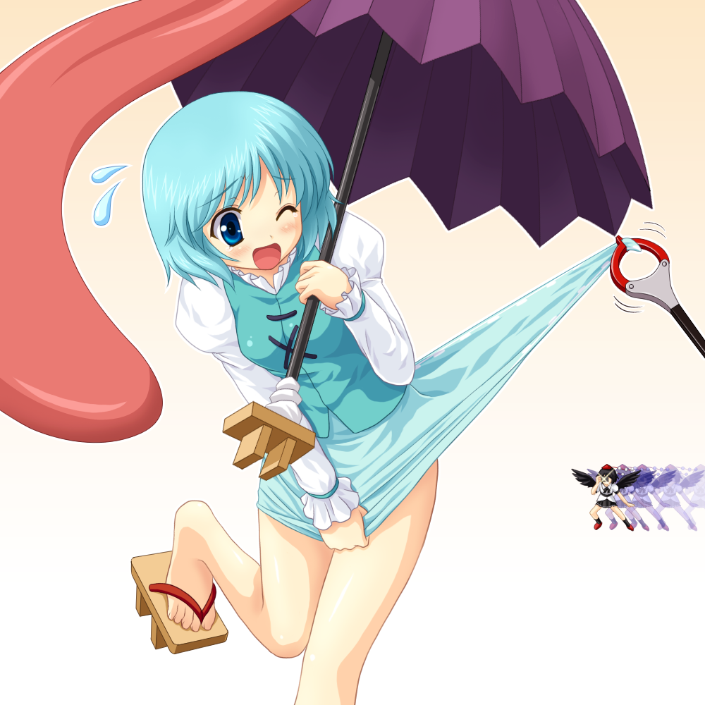 yamasan, shameimaru aya, tatara kogasa, touhou, 2girls, afterimage, aqua hair, black hair, black wings, blue eyes, blue hair, blue skirt, camera, clothes lift, clothes pull, female focus, geta, grabber tool, green skirt, hat, karakasa obake, motion blur, multiple girls, no socks, one eye closed, sandals, short hair, skirt, skirt lift, skirt pull, skirt tug, tokin hat, tongue, umbrella, wings, wink